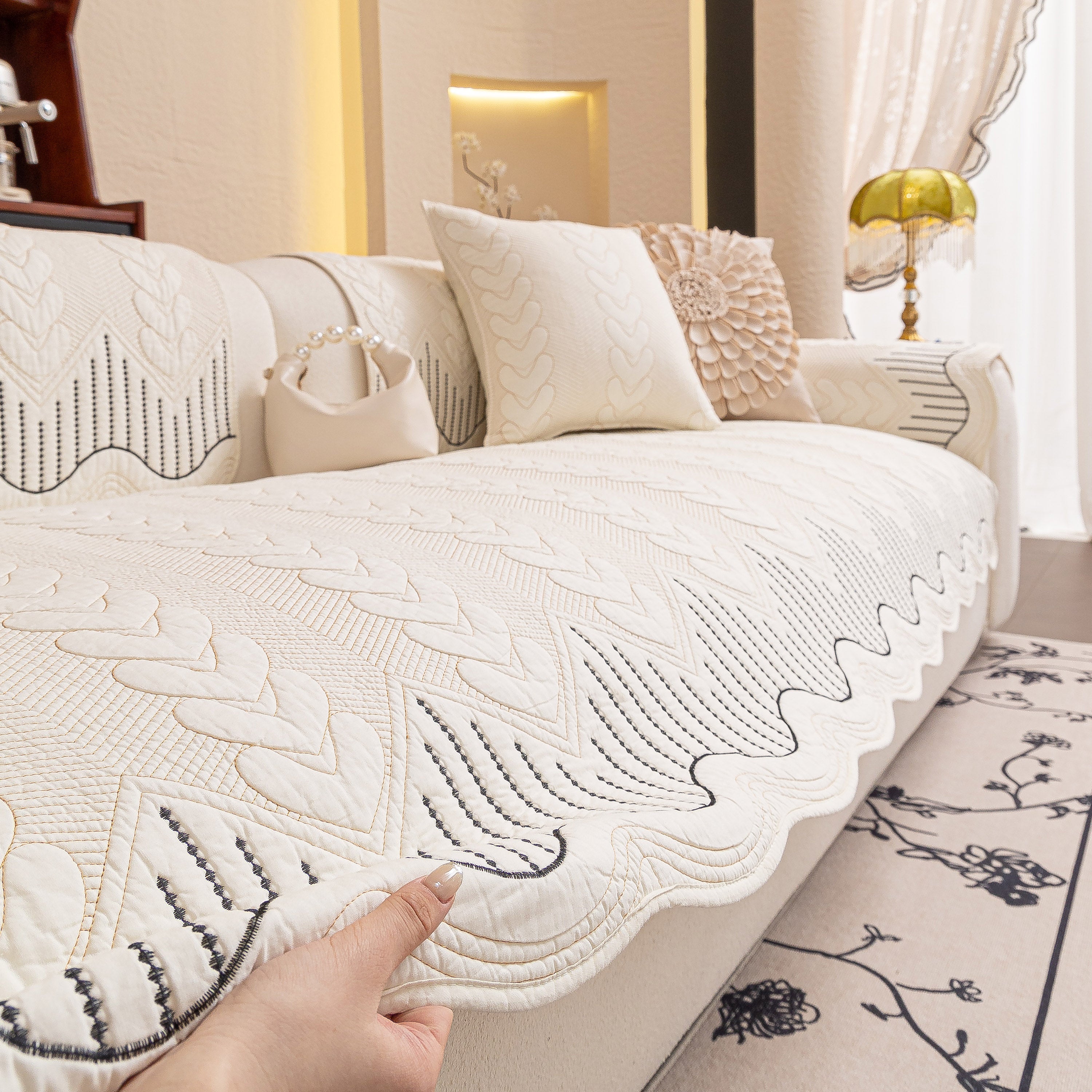 3d Quilted Thick Cotton Sofa Cover Non-slip Couch Throw For Fabric & Leather Sofas