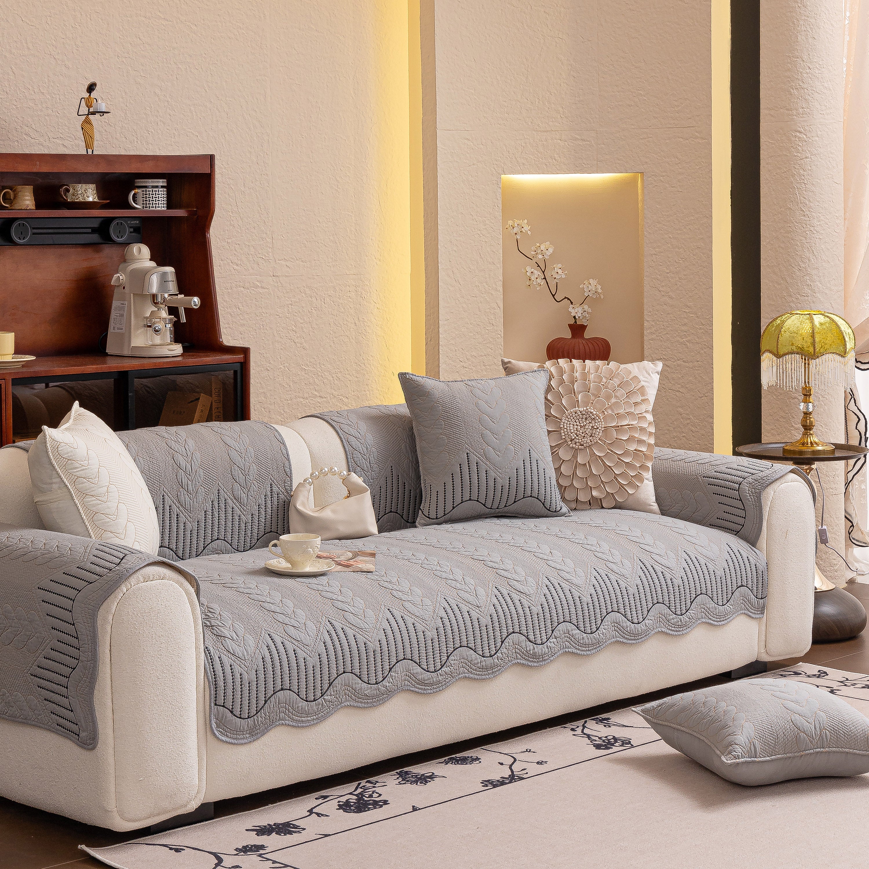 3d Quilted Thick Cotton Sofa Cover Non-slip Couch Throw For Fabric & Leather Sofas