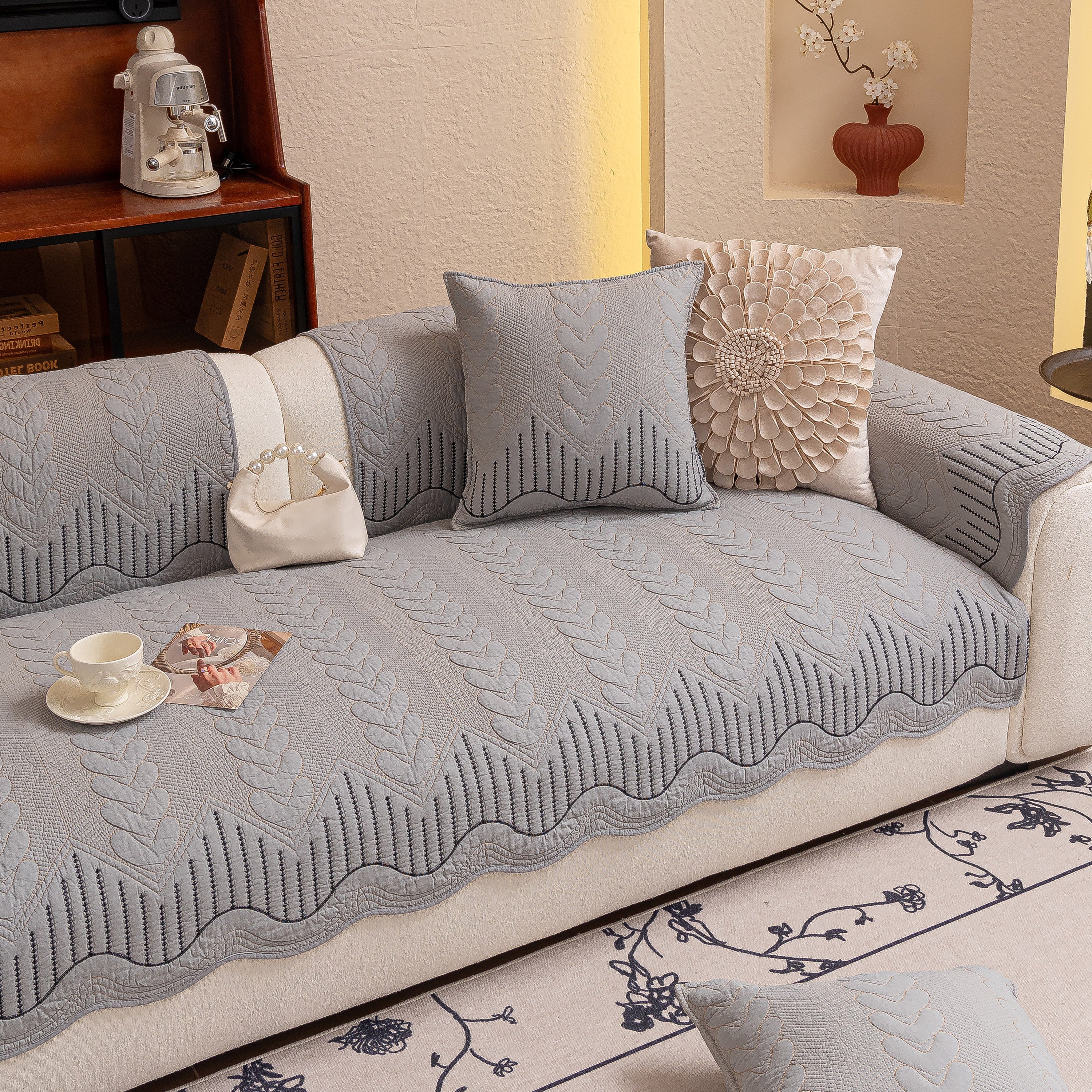3d Quilted Thick Cotton Sofa Cover Non-slip Couch Throw For Fabric & Leather Sofas