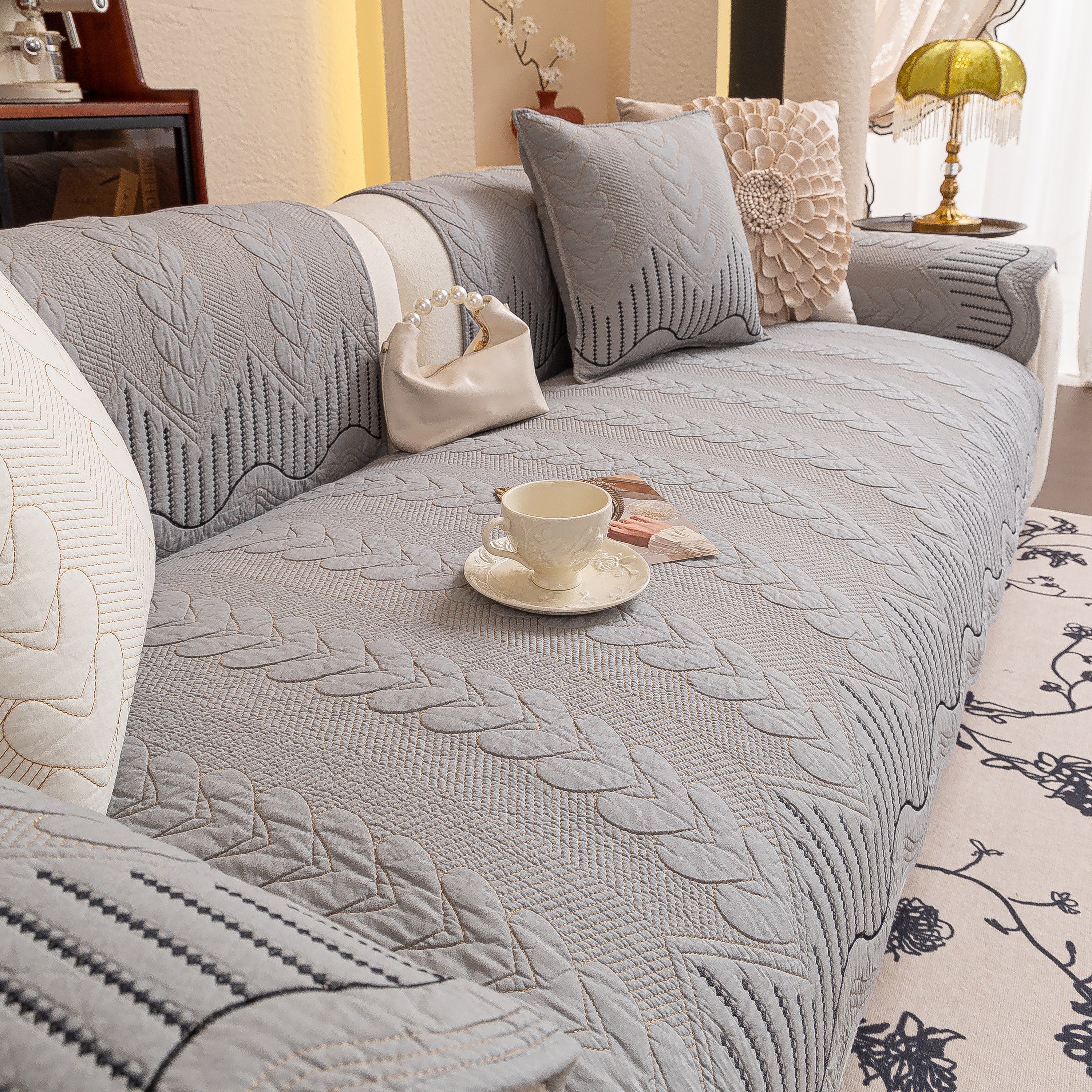 3d Quilted Thick Cotton Sofa Cover Non-slip Couch Throw For Fabric & Leather Sofas