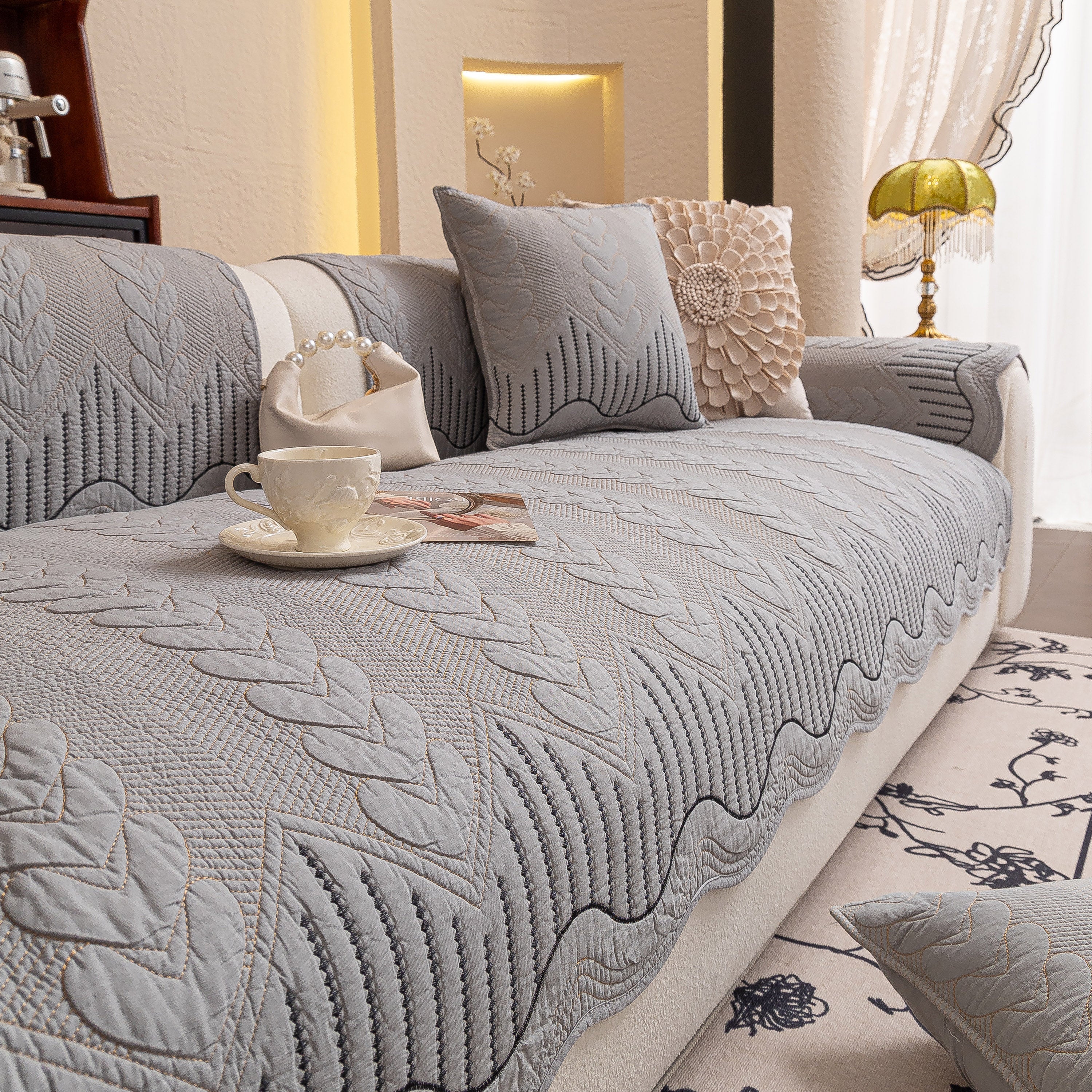 3d Quilted Thick Cotton Sofa Cover Non-slip Couch Throw For Fabric & Leather Sofas