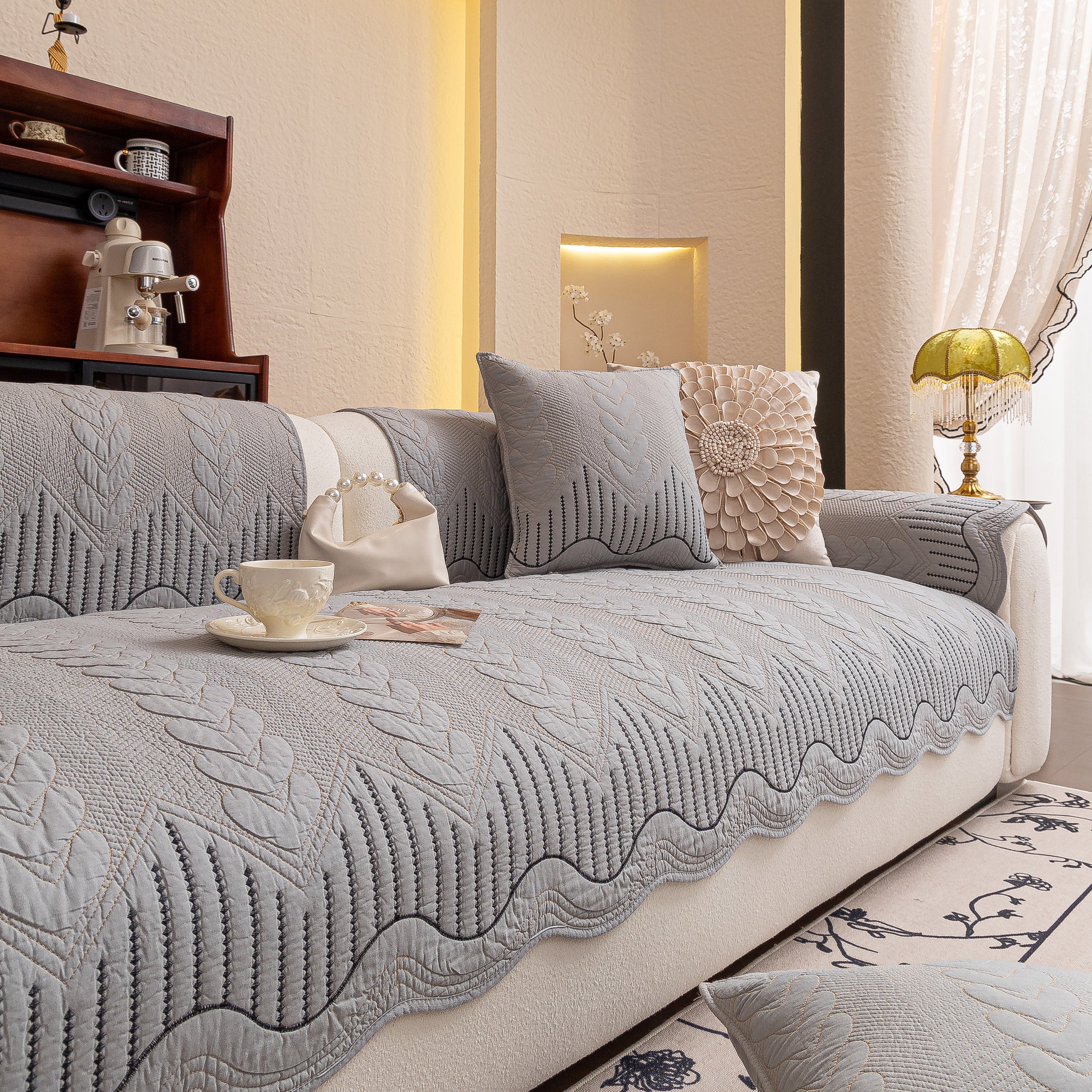 3d Quilted Thick Cotton Sofa Cover Non-slip Couch Throw For Fabric & Leather Sofas