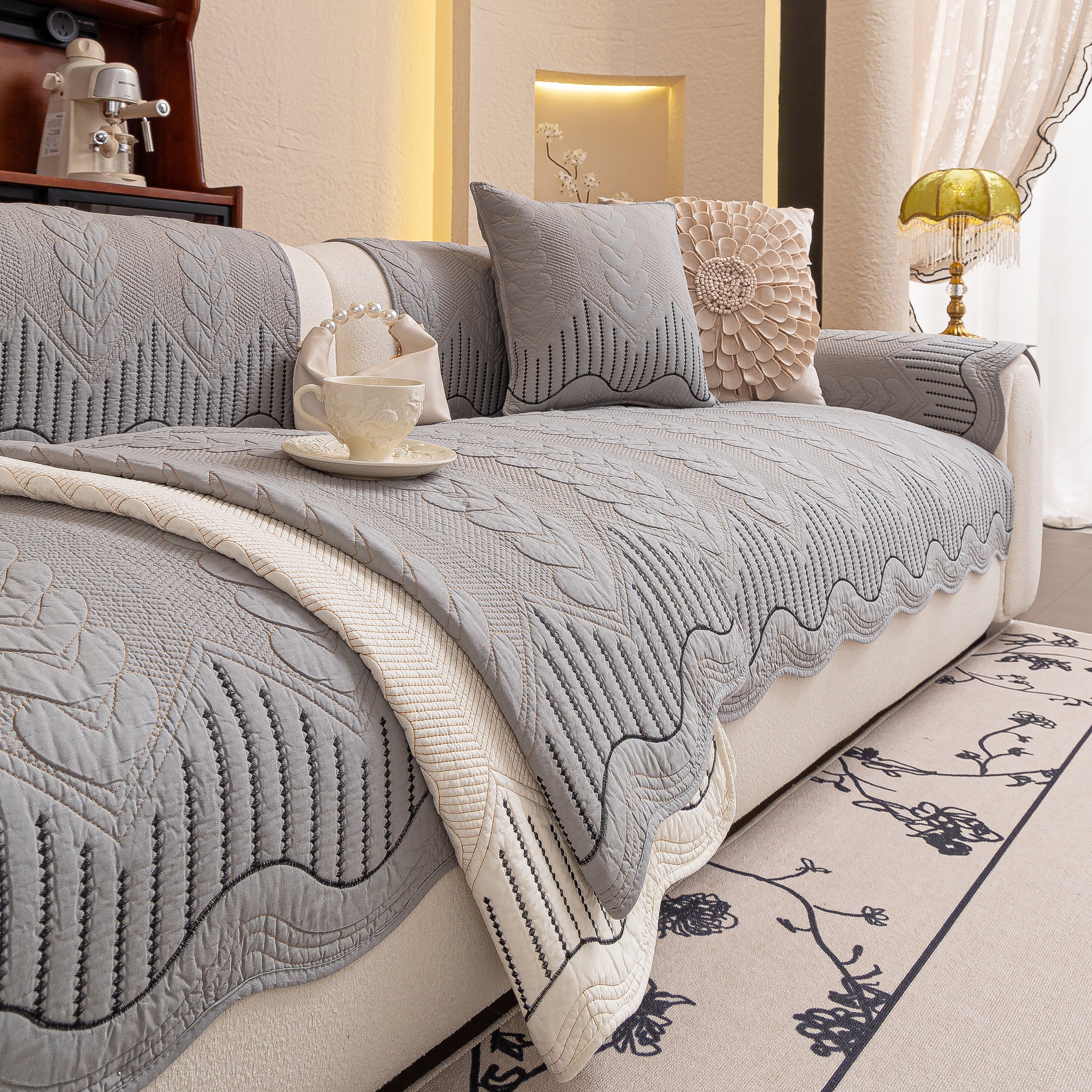 3d Quilted Thick Cotton Sofa Cover Non-slip Couch Throw For Fabric & Leather Sofas