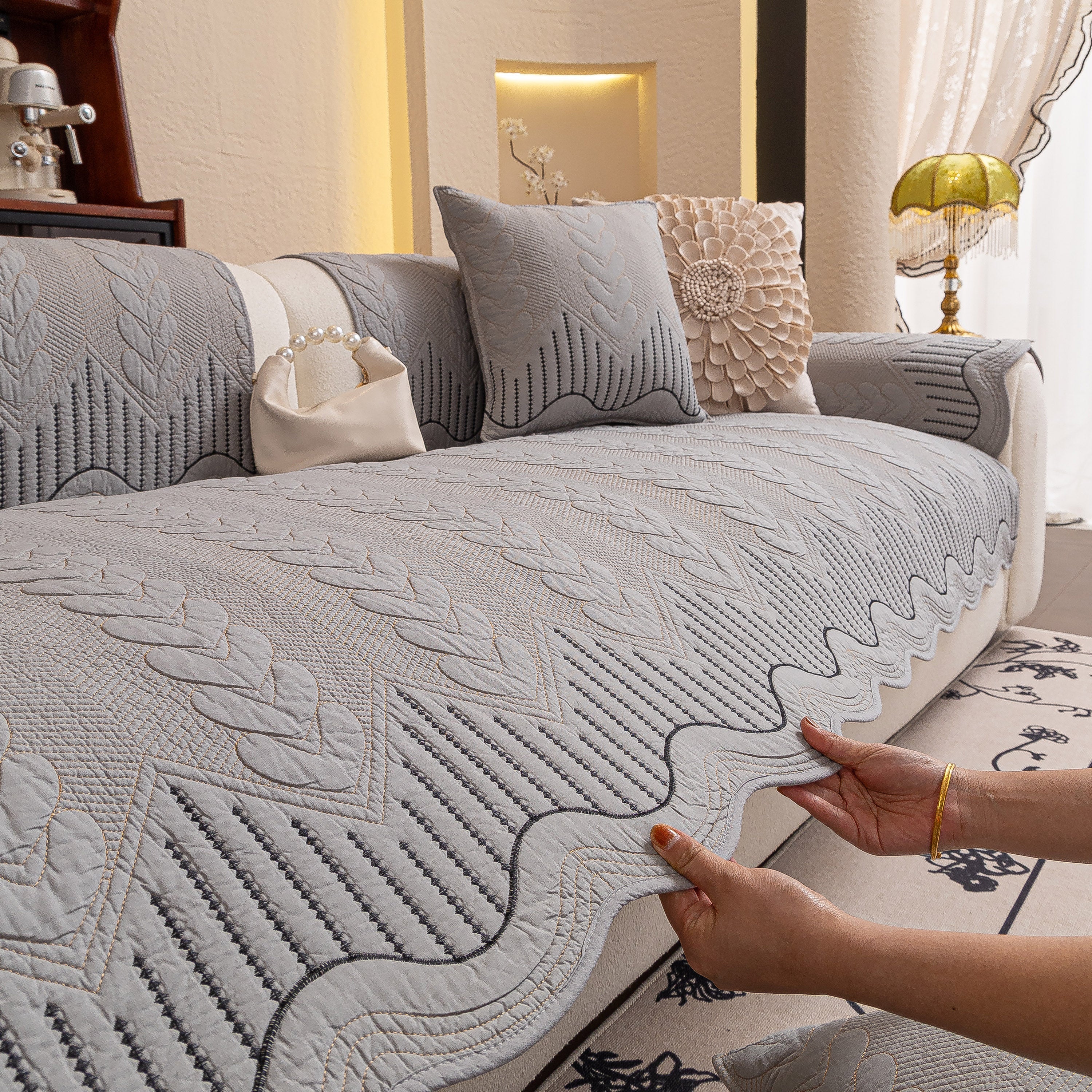 3d Quilted Thick Cotton Sofa Cover Non-slip Couch Throw For Fabric & Leather Sofas
