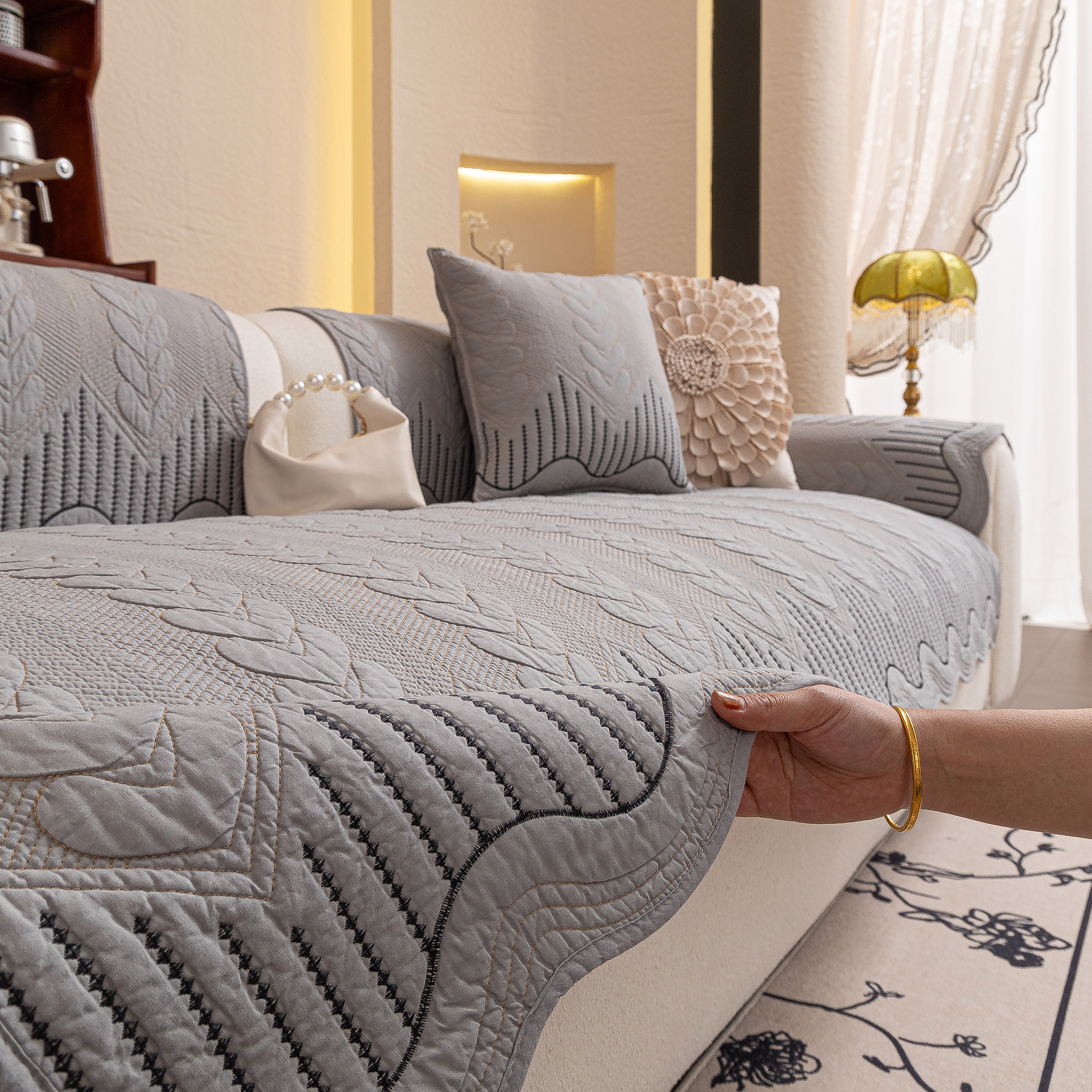 3d Quilted Thick Cotton Sofa Cover Non-slip Couch Throw For Fabric & Leather Sofas