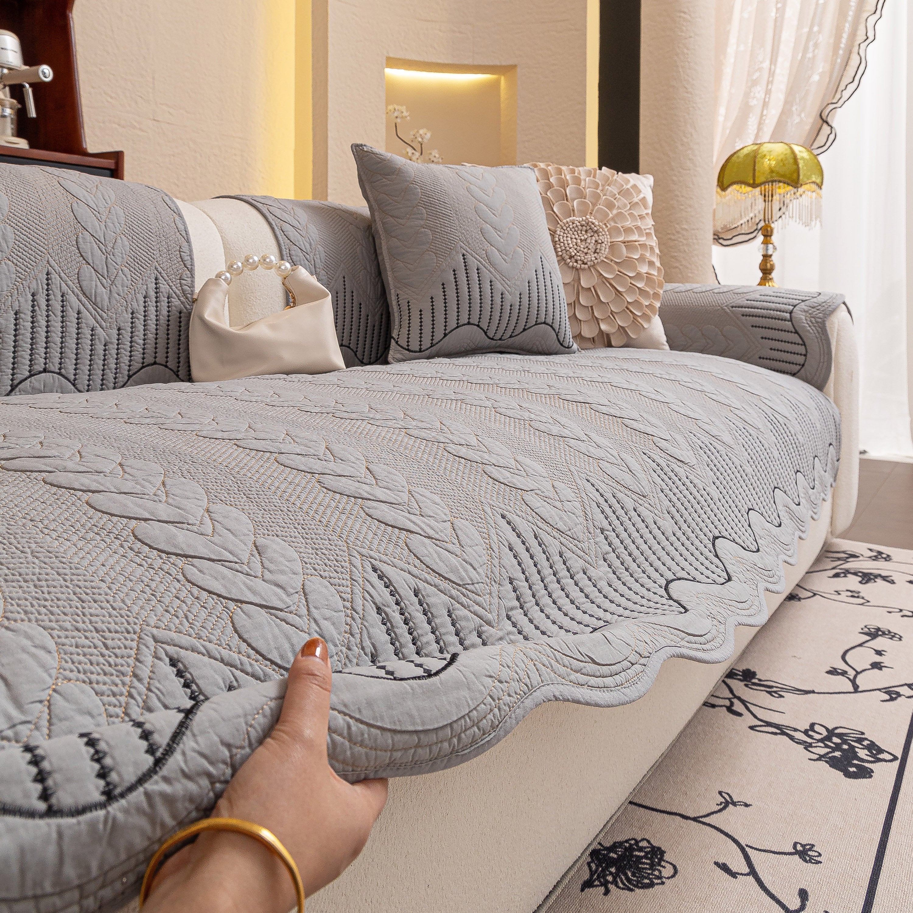 3d Quilted Thick Cotton Sofa Cover Non-slip Couch Throw For Fabric & Leather Sofas