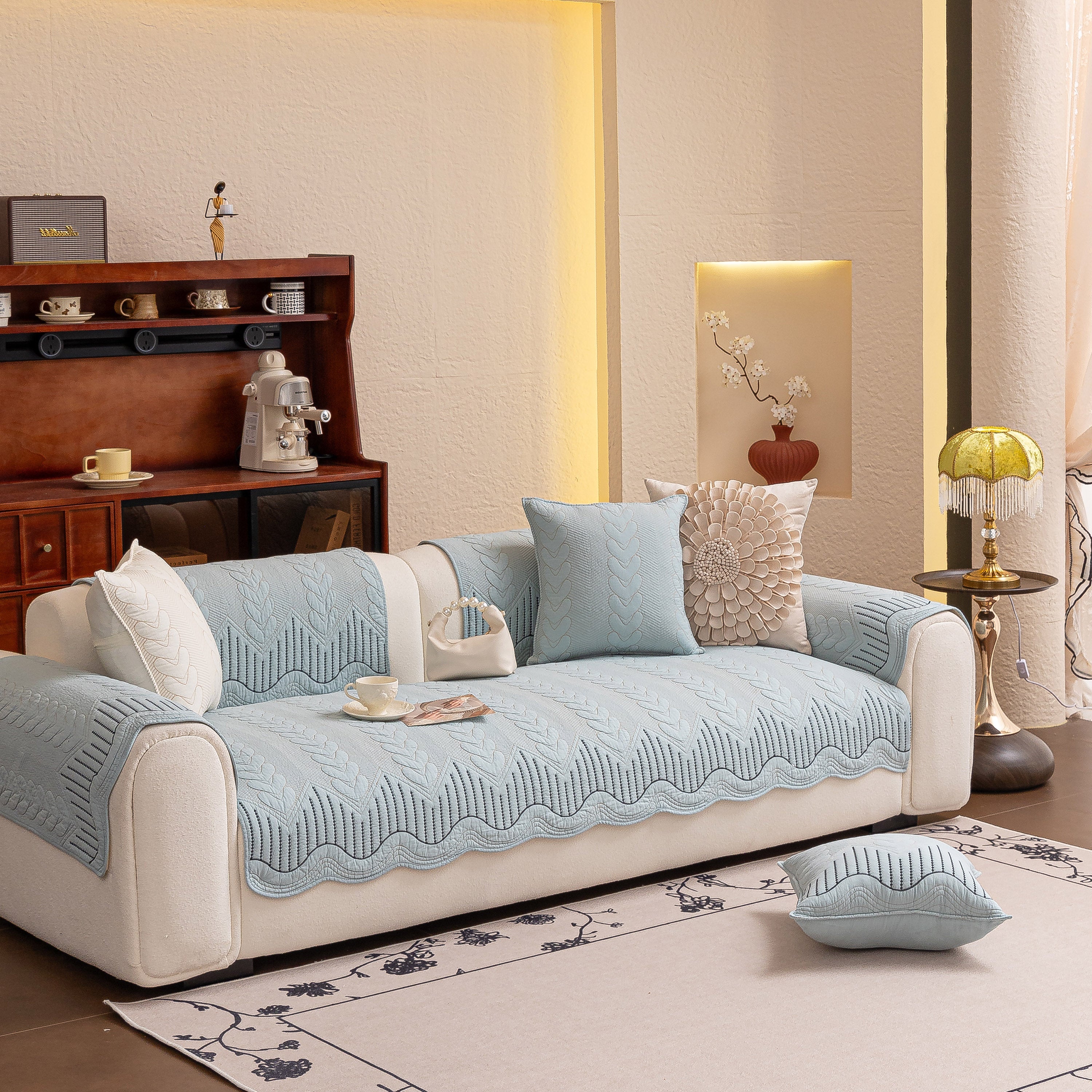 3d Quilted Thick Cotton Sofa Cover Non-slip Couch Throw For Fabric & Leather Sofas
