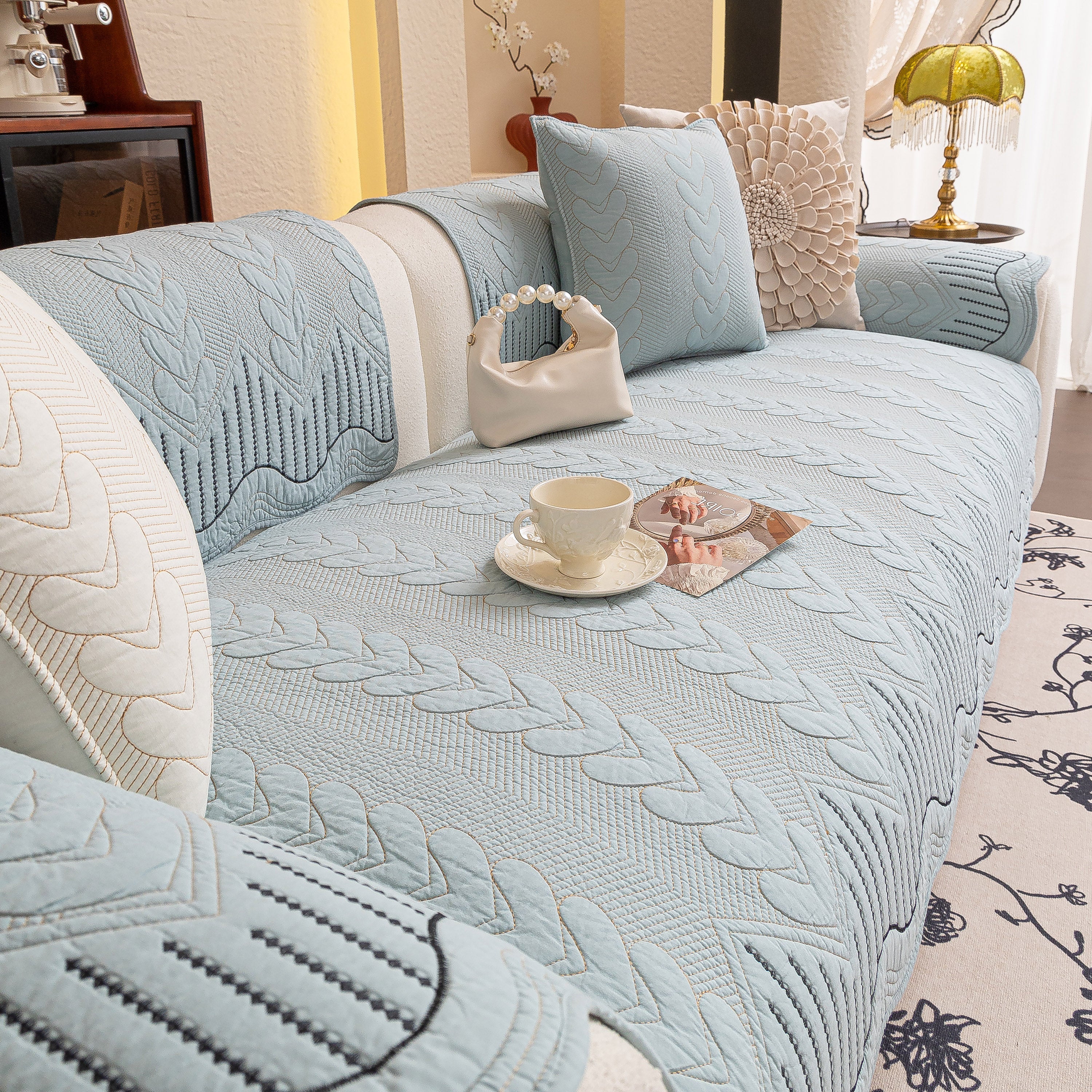 3d Quilted Thick Cotton Sofa Cover Non-slip Couch Throw For Fabric & Leather Sofas