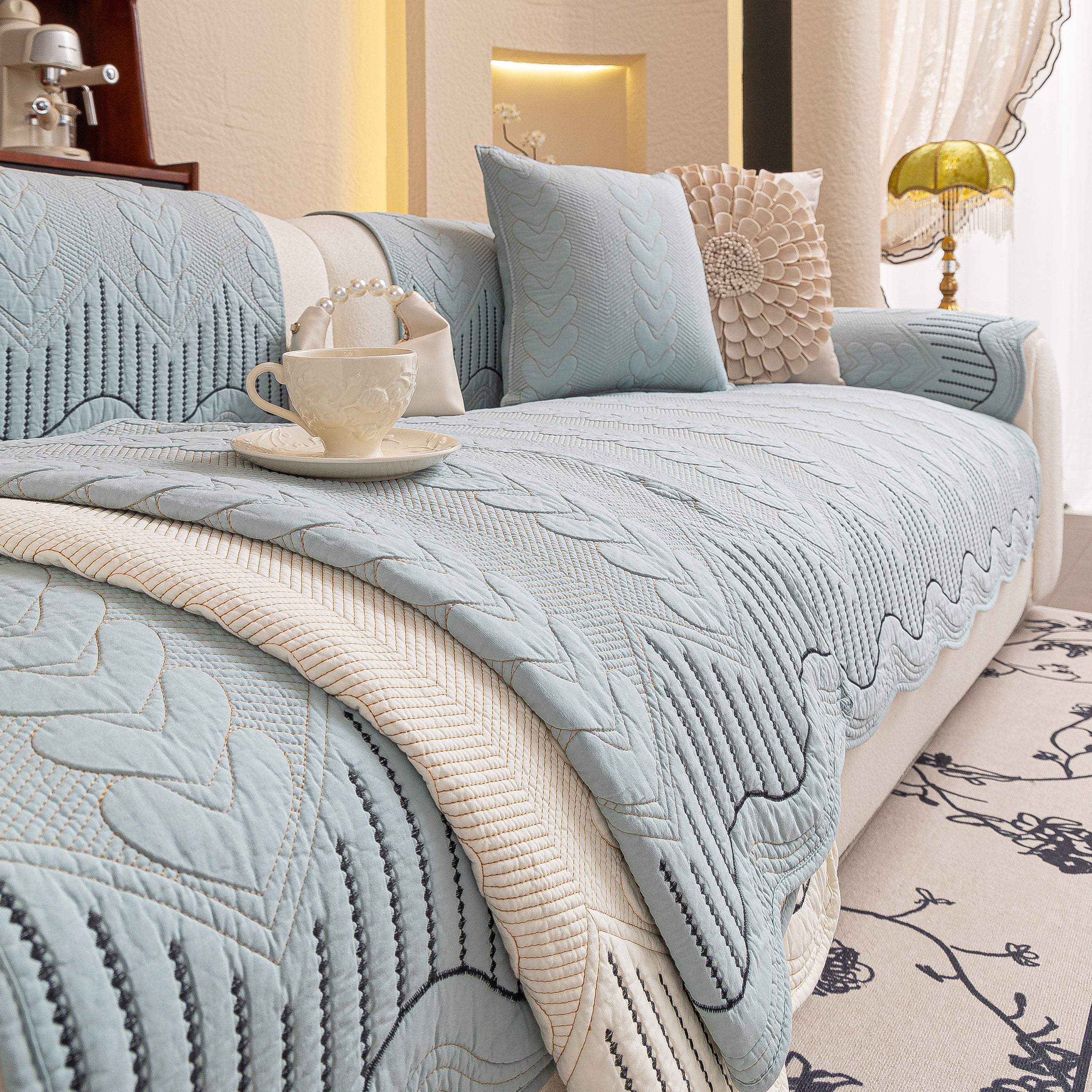 3d Quilted Thick Cotton Sofa Cover Non-slip Couch Throw For Fabric & Leather Sofas