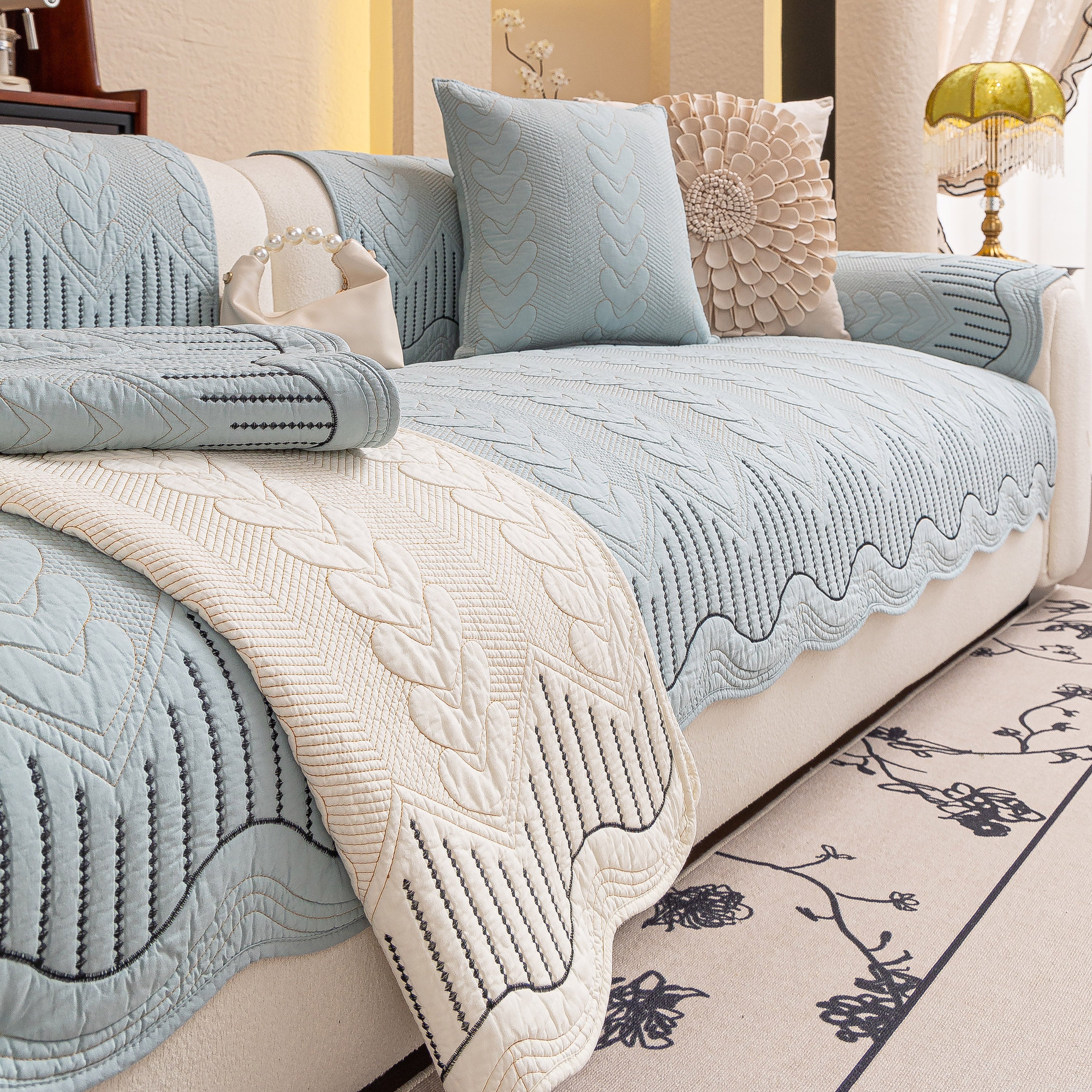 3d Quilted Thick Cotton Sofa Cover Non-slip Couch Throw For Fabric & Leather Sofas