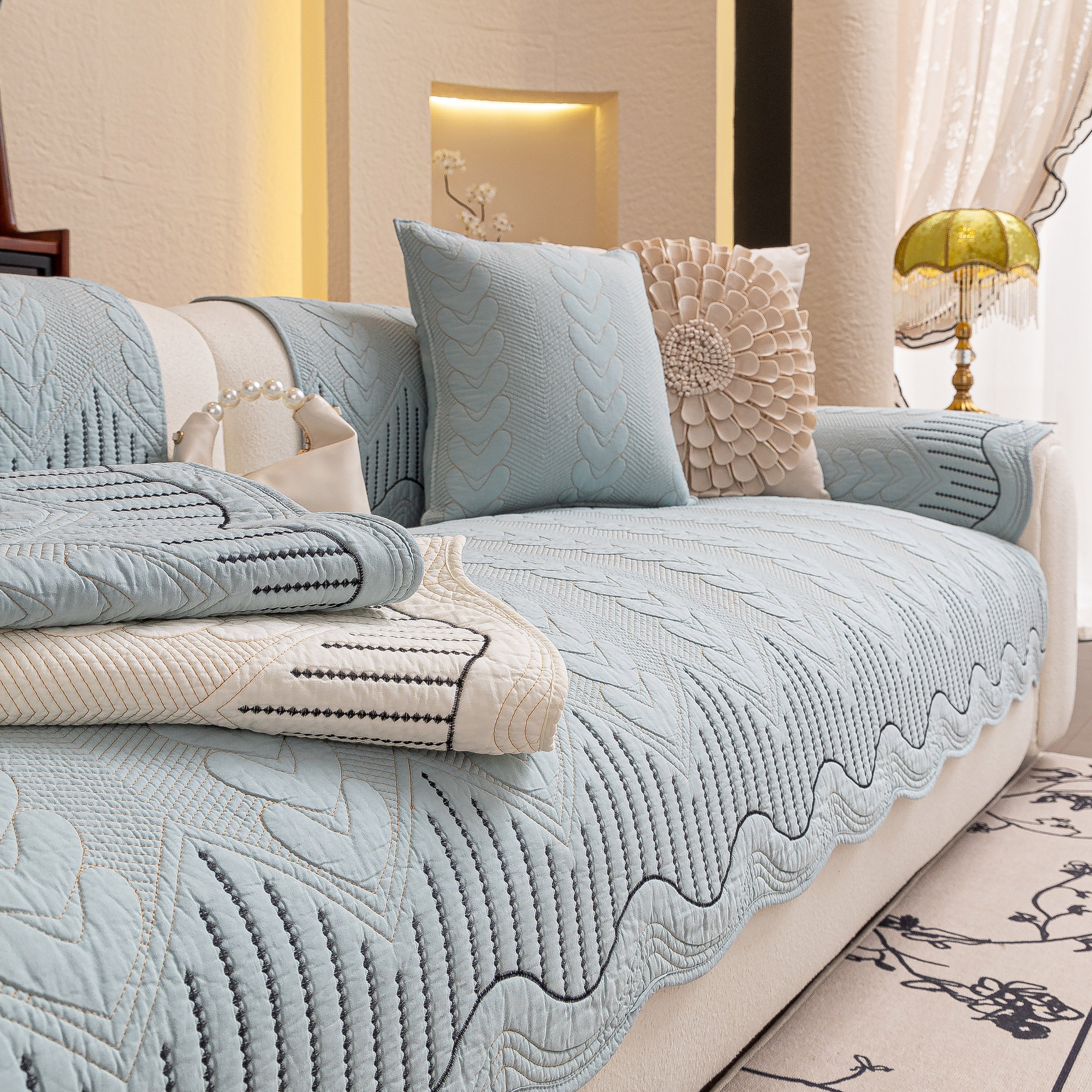 3d Quilted Thick Cotton Sofa Cover Non-slip Couch Throw For Fabric & Leather Sofas