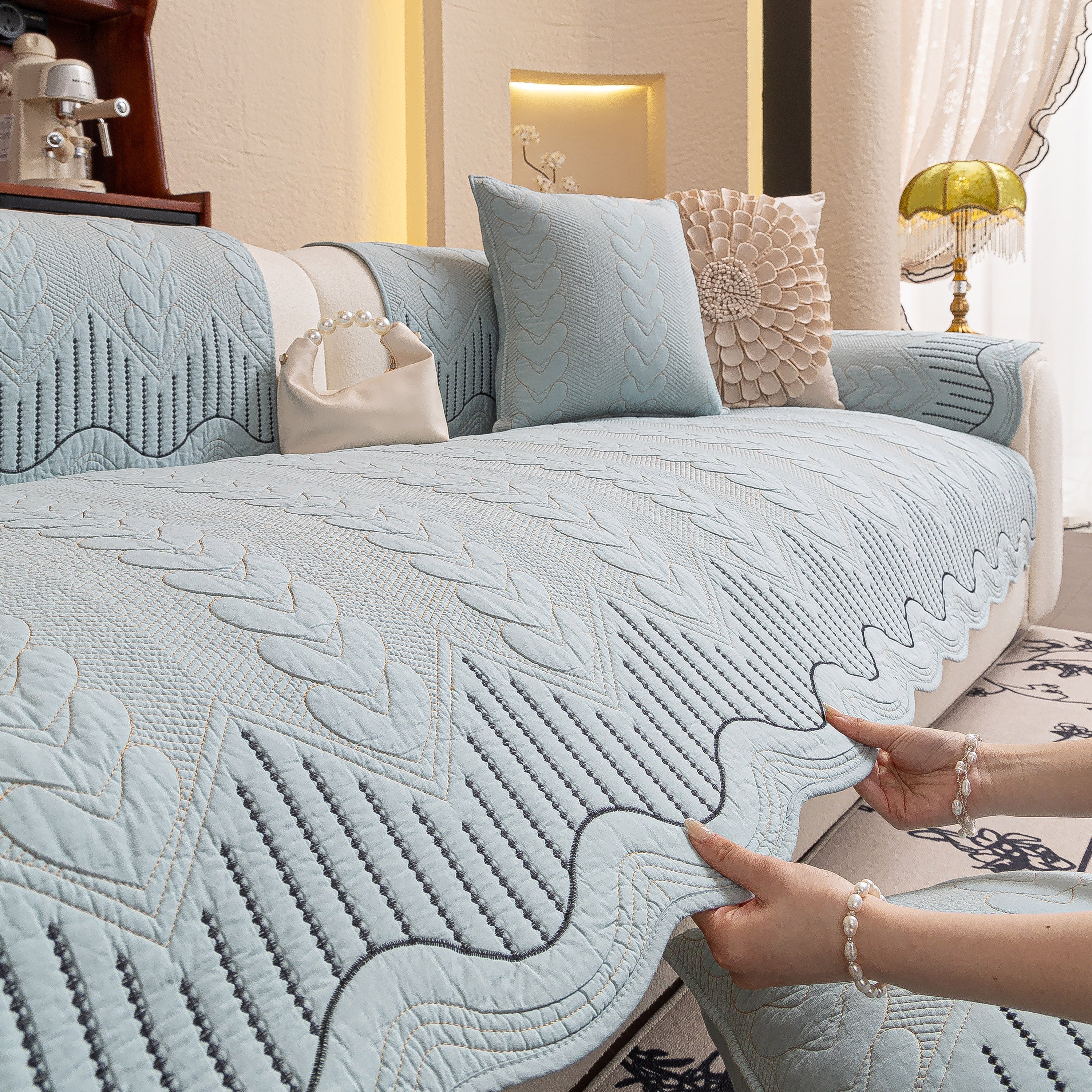 3d Quilted Thick Cotton Sofa Cover Non-slip Couch Throw For Fabric & Leather Sofas