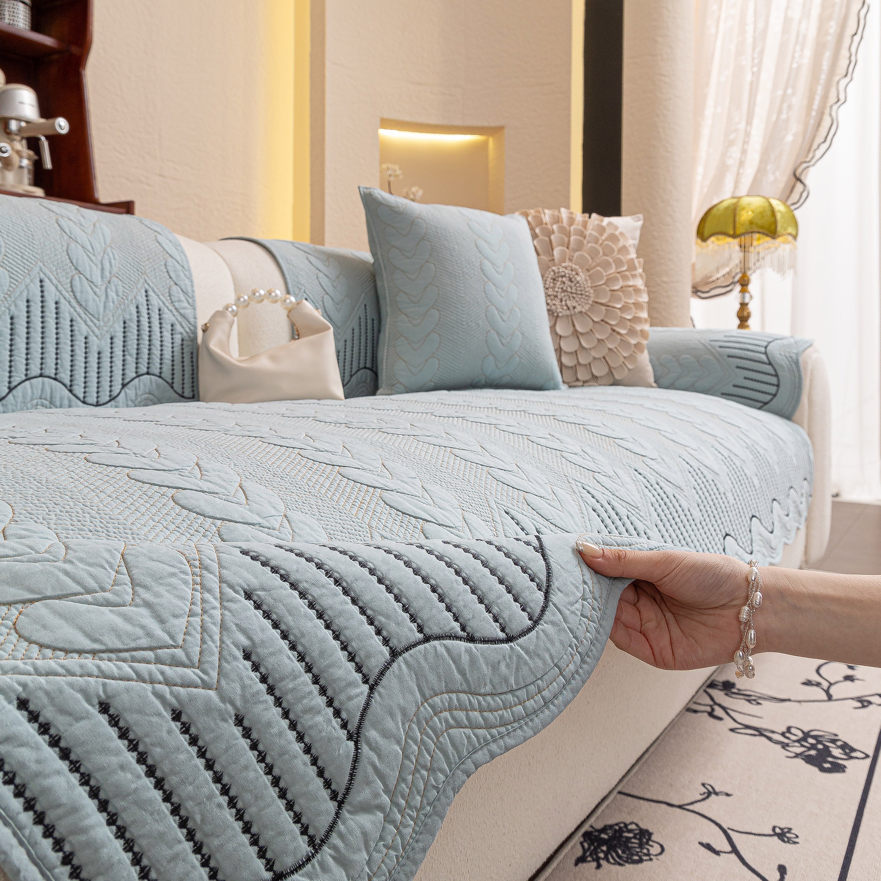 3d Quilted Thick Cotton Sofa Cover Non-slip Couch Throw For Fabric & Leather Sofas