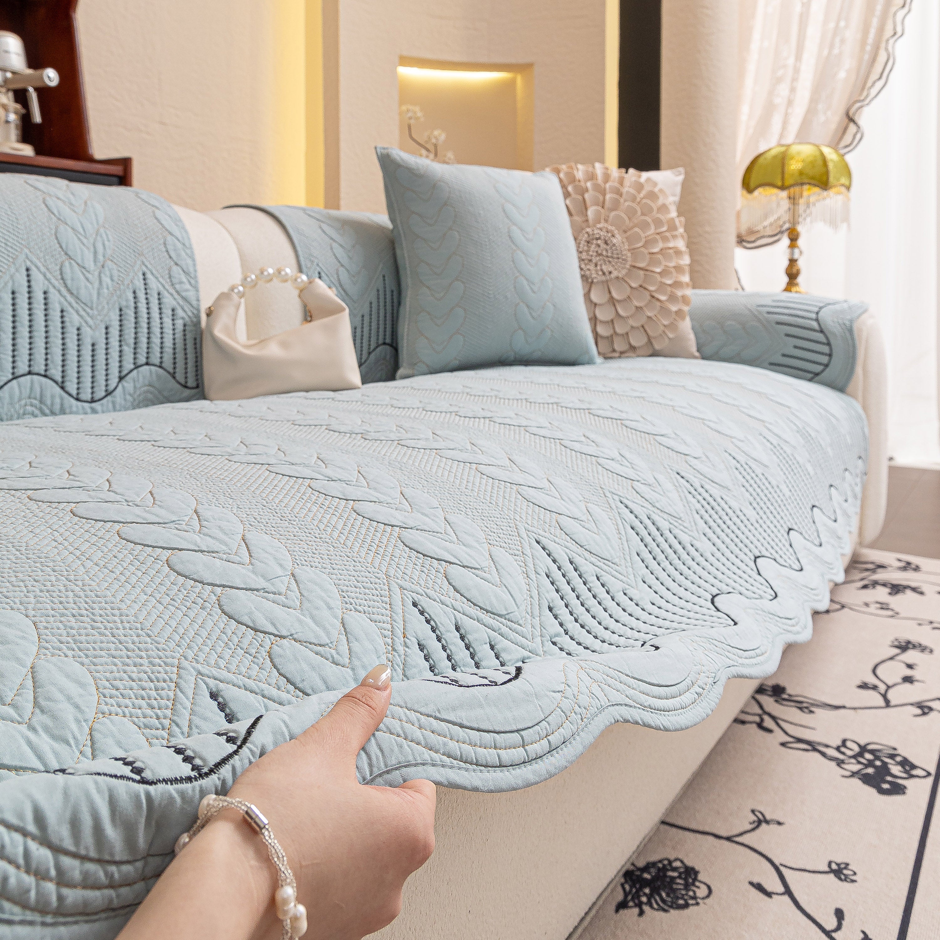 3d Quilted Thick Cotton Sofa Cover Non-slip Couch Throw For Fabric & Leather Sofas