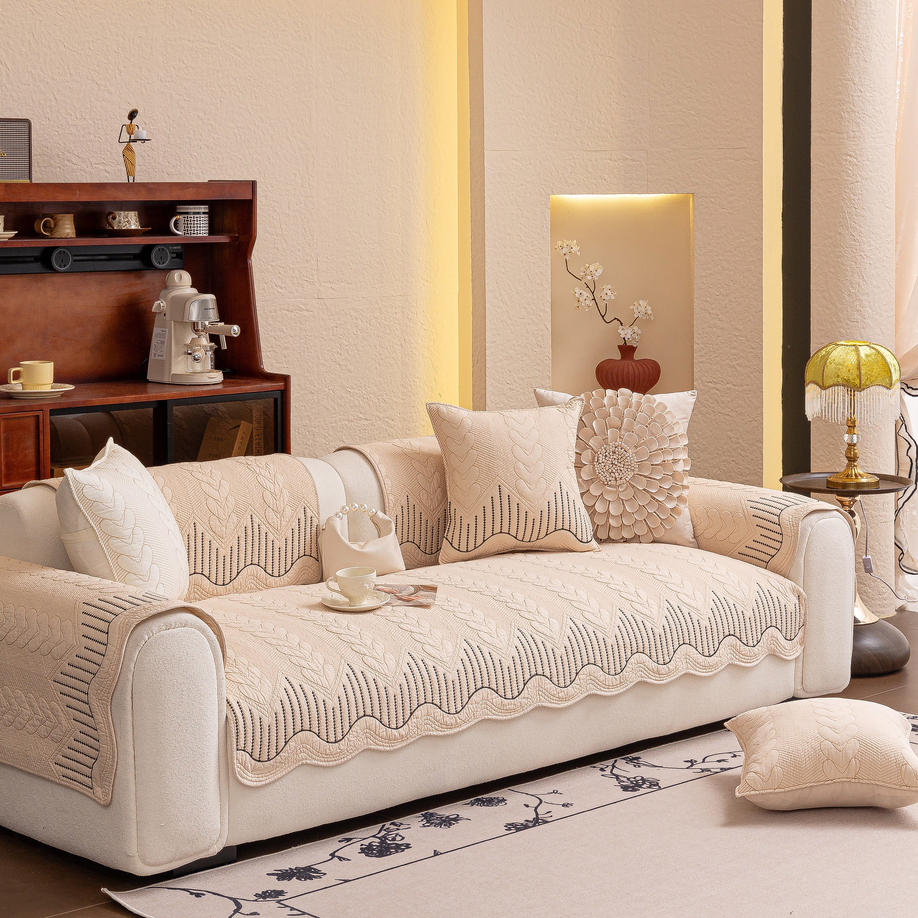 3d Quilted Thick Cotton Sofa Cover Non-slip Couch Throw For Fabric & Leather Sofas