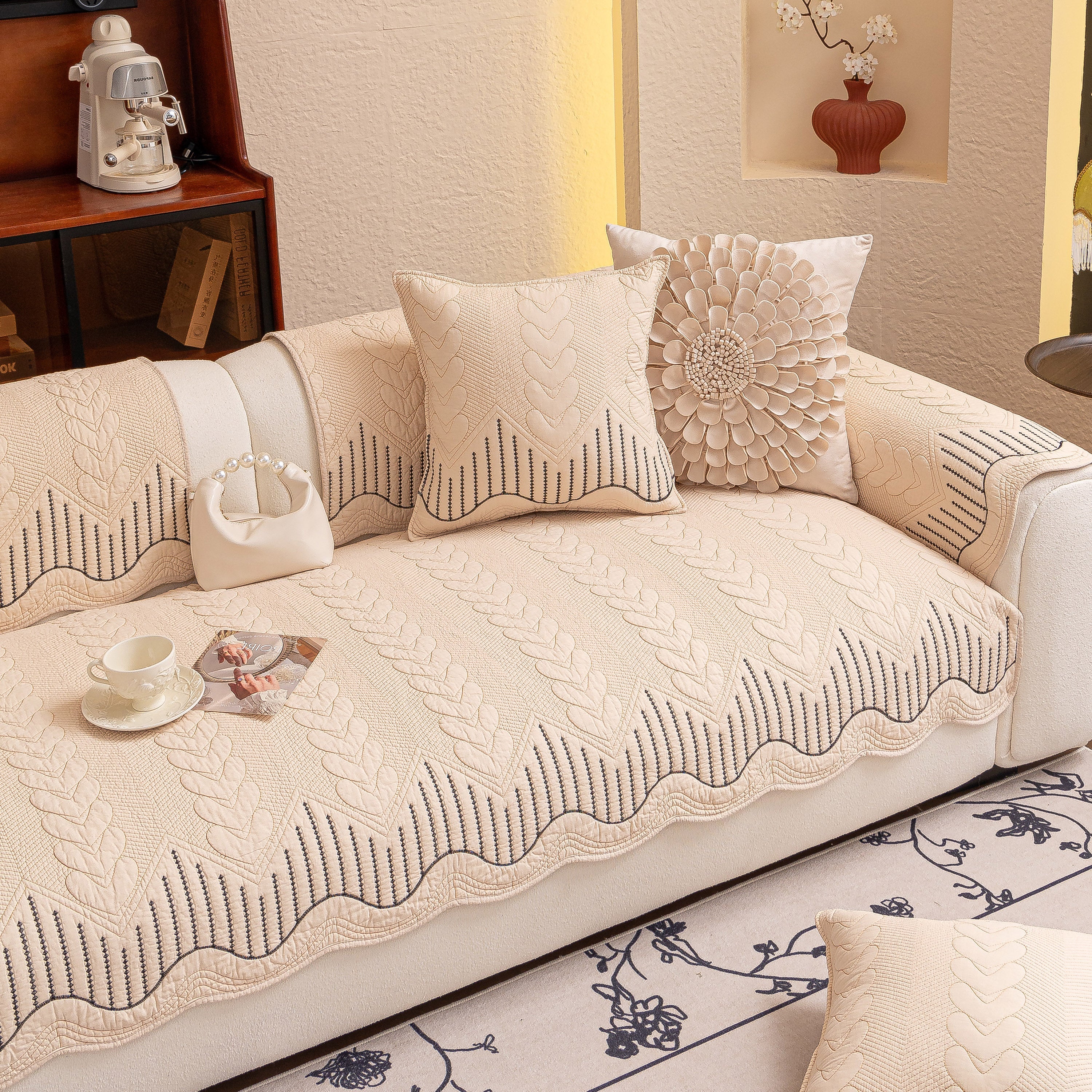 3d Quilted Thick Cotton Sofa Cover Non-slip Couch Throw For Fabric & Leather Sofas