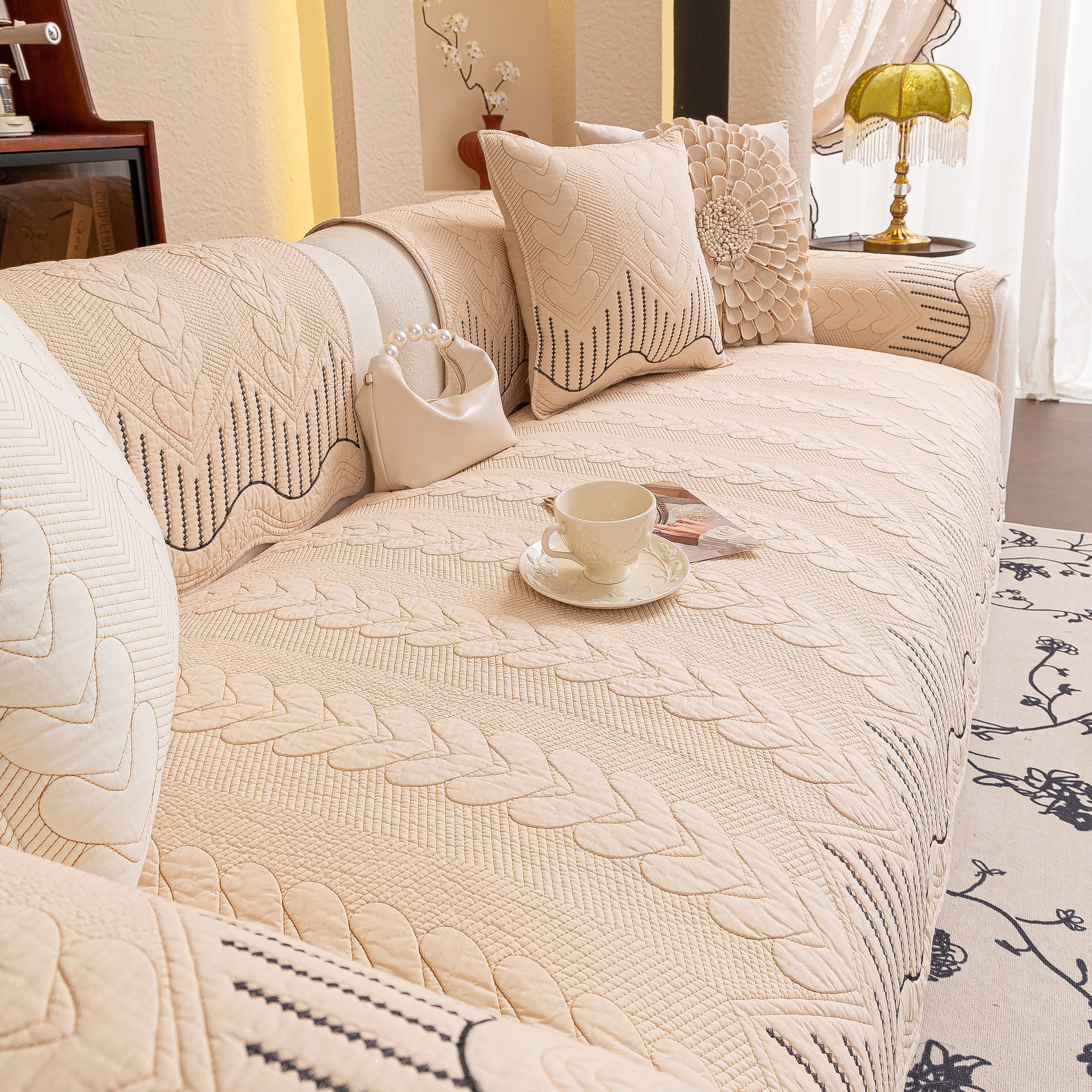 3d Quilted Thick Cotton Sofa Cover Non-slip Couch Throw For Fabric & Leather Sofas