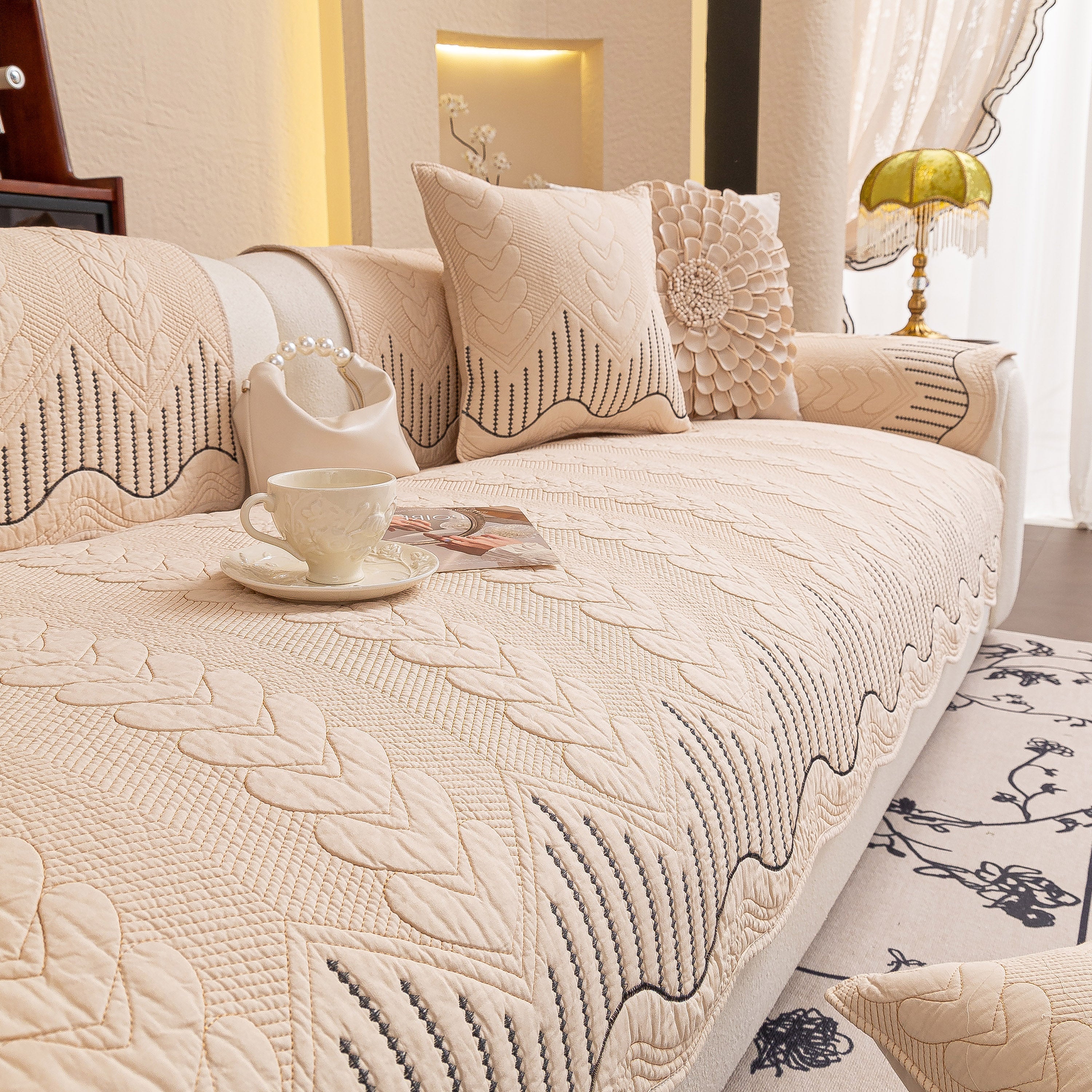 3d Quilted Thick Cotton Sofa Cover Non-slip Couch Throw For Fabric & Leather Sofas