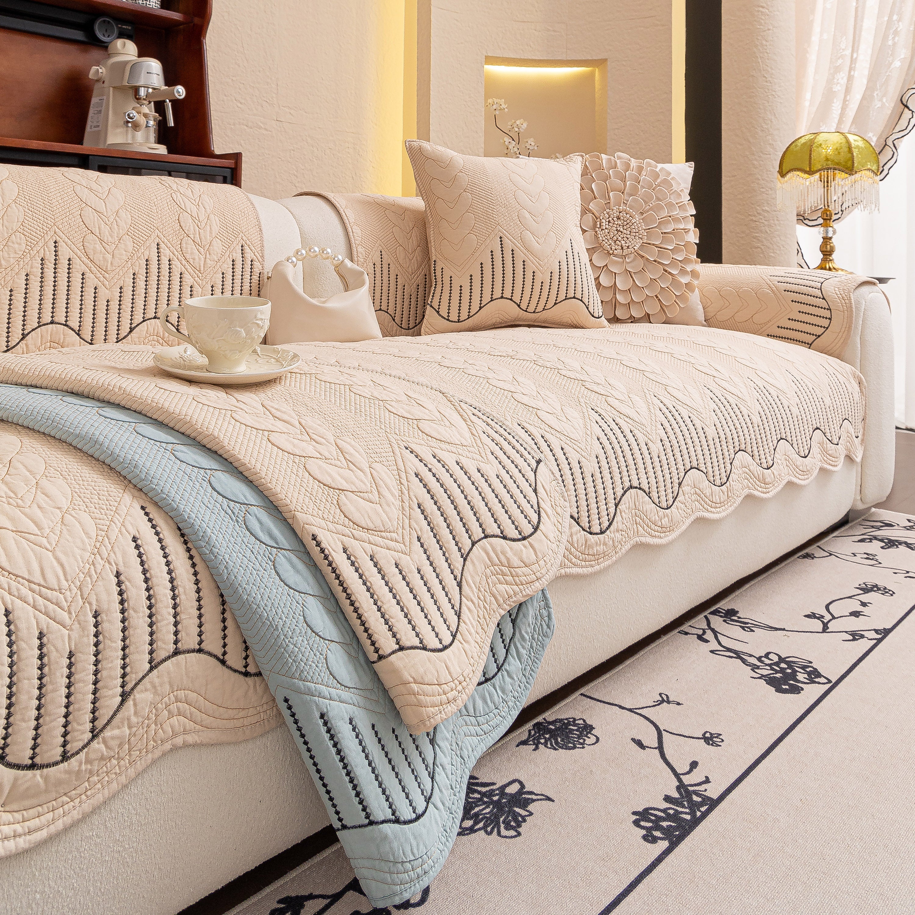3d Quilted Thick Cotton Sofa Cover Non-slip Couch Throw For Fabric & Leather Sofas
