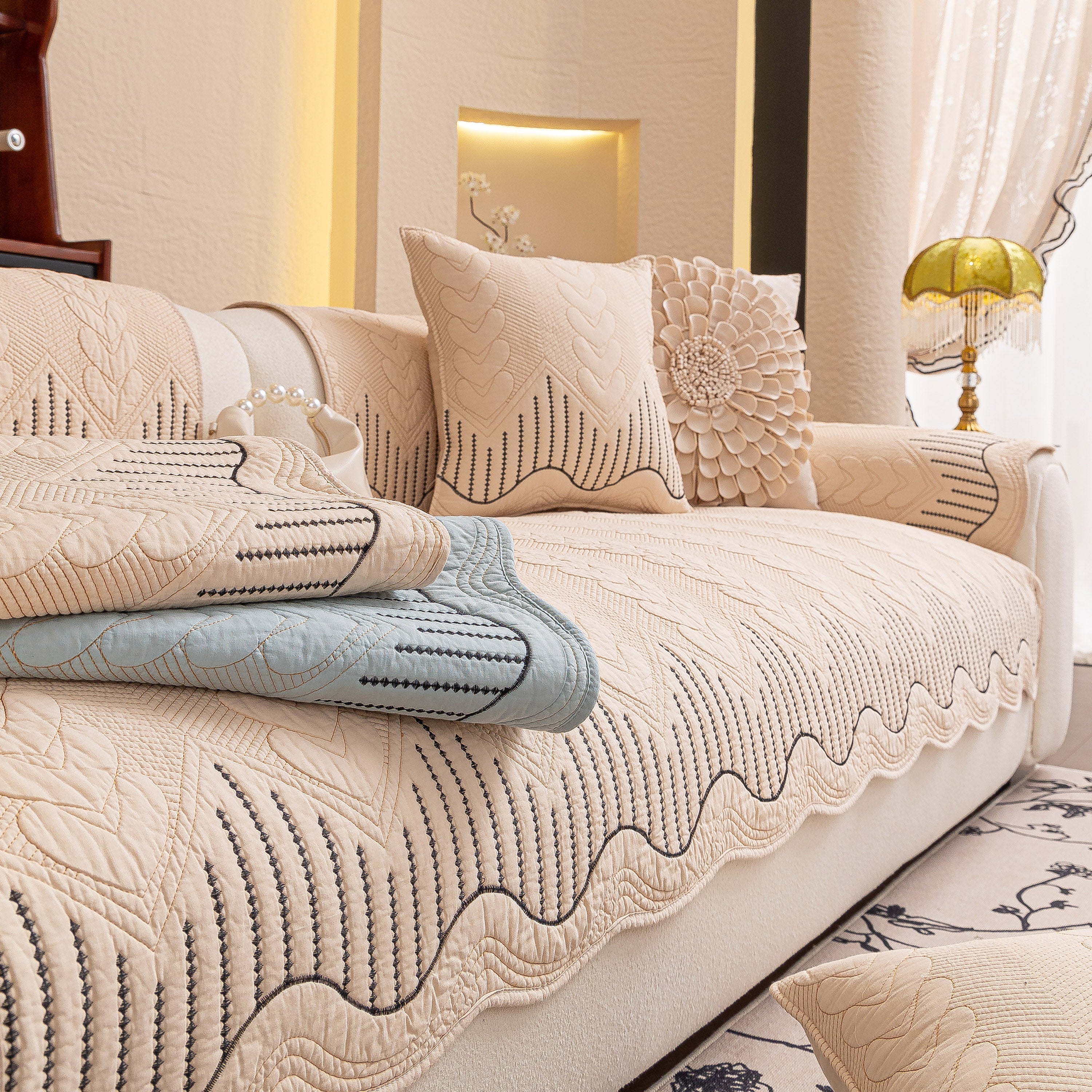 3d Quilted Thick Cotton Sofa Cover Non-slip Couch Throw For Fabric & Leather Sofas