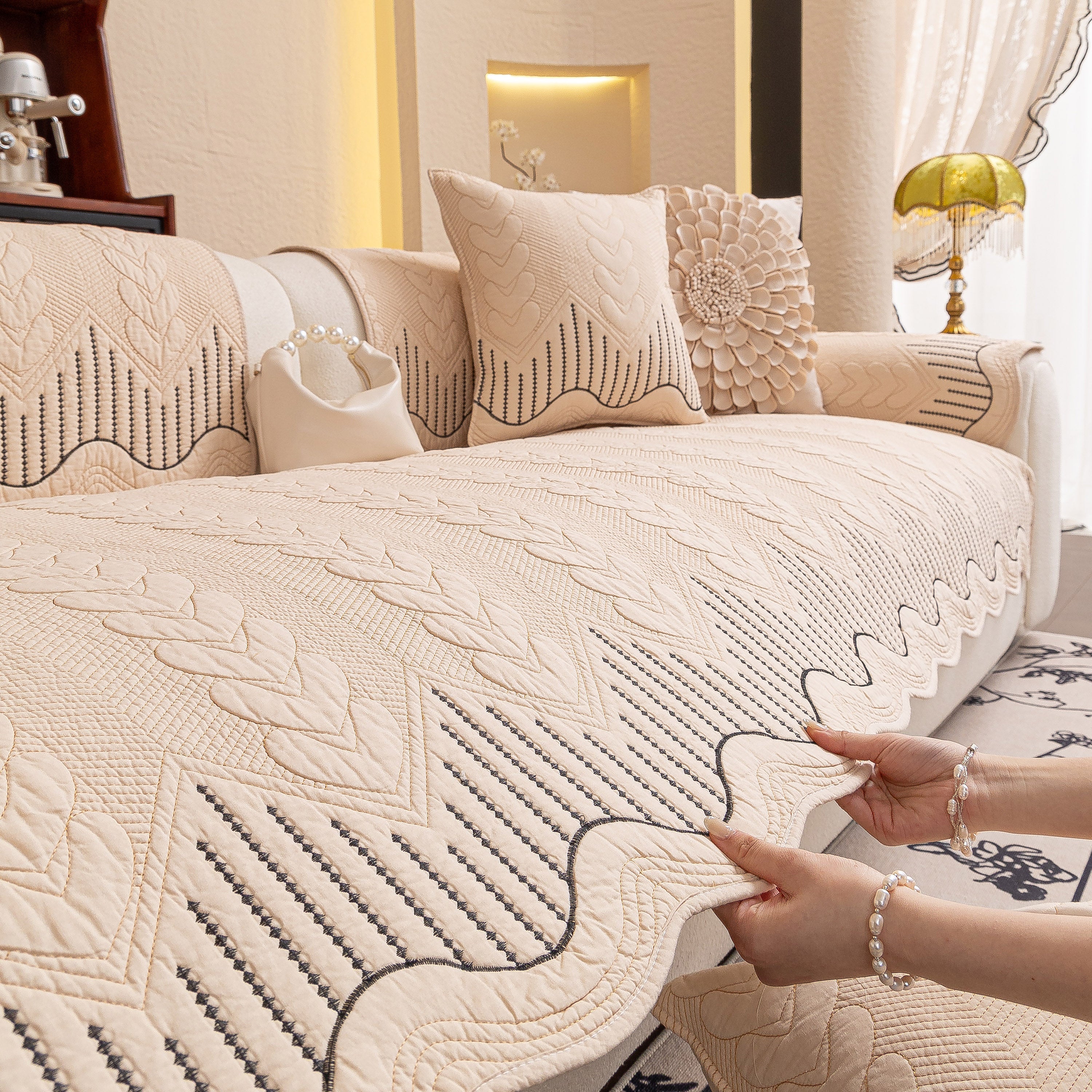 3d Quilted Thick Cotton Sofa Cover Non-slip Couch Throw For Fabric & Leather Sofas