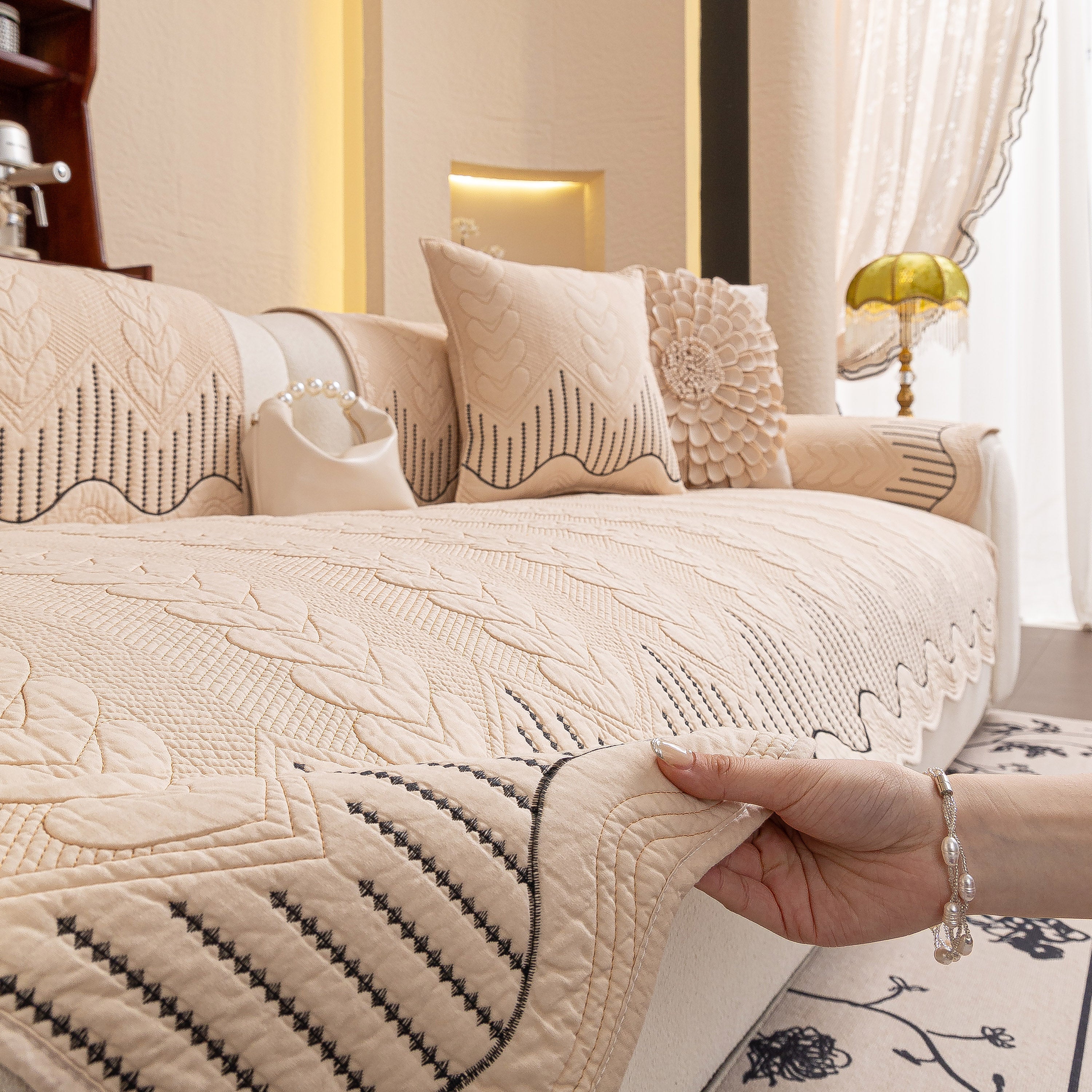 3d Quilted Thick Cotton Sofa Cover Non-slip Couch Throw For Fabric & Leather Sofas