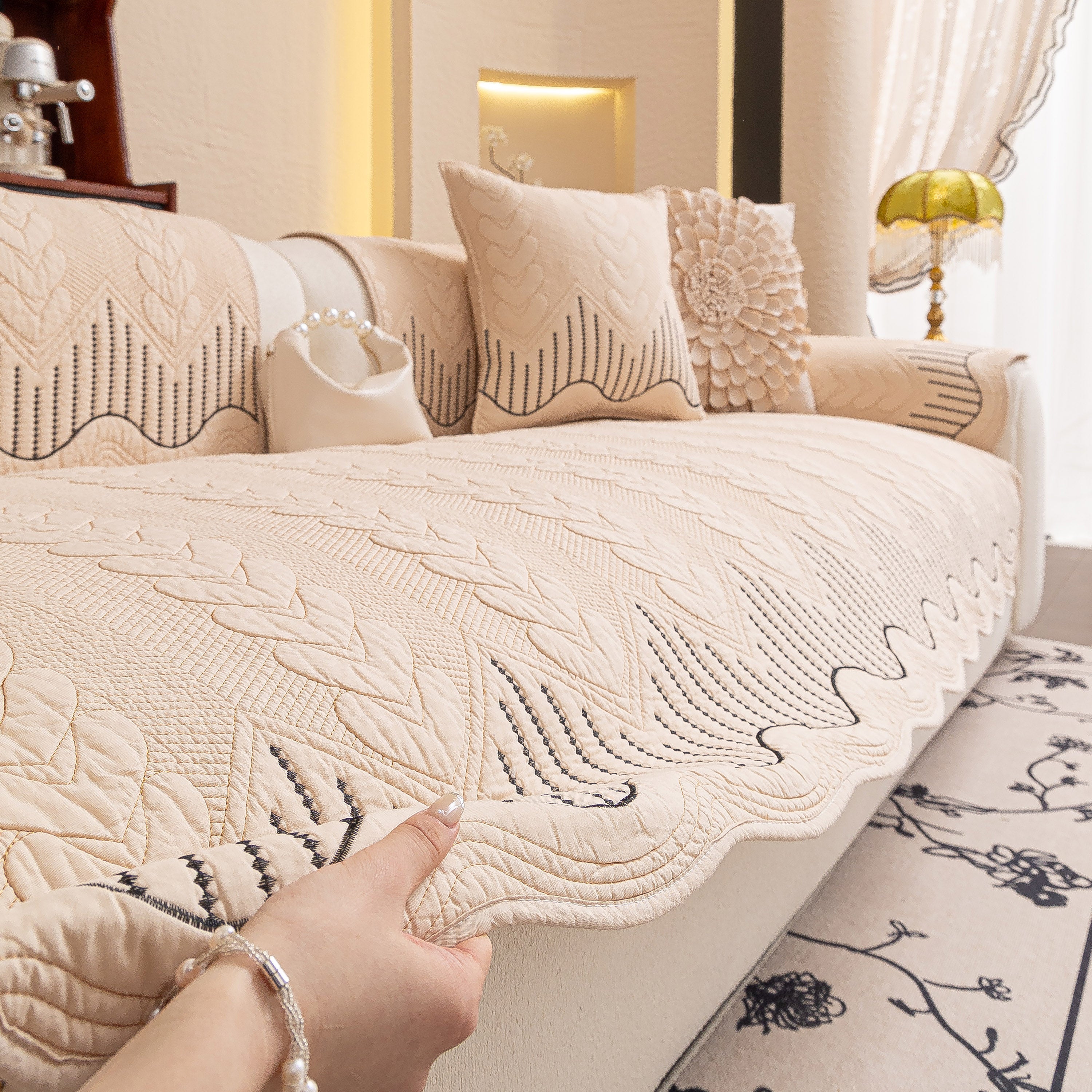3d Quilted Thick Cotton Sofa Cover Non-slip Couch Throw For Fabric & Leather Sofas