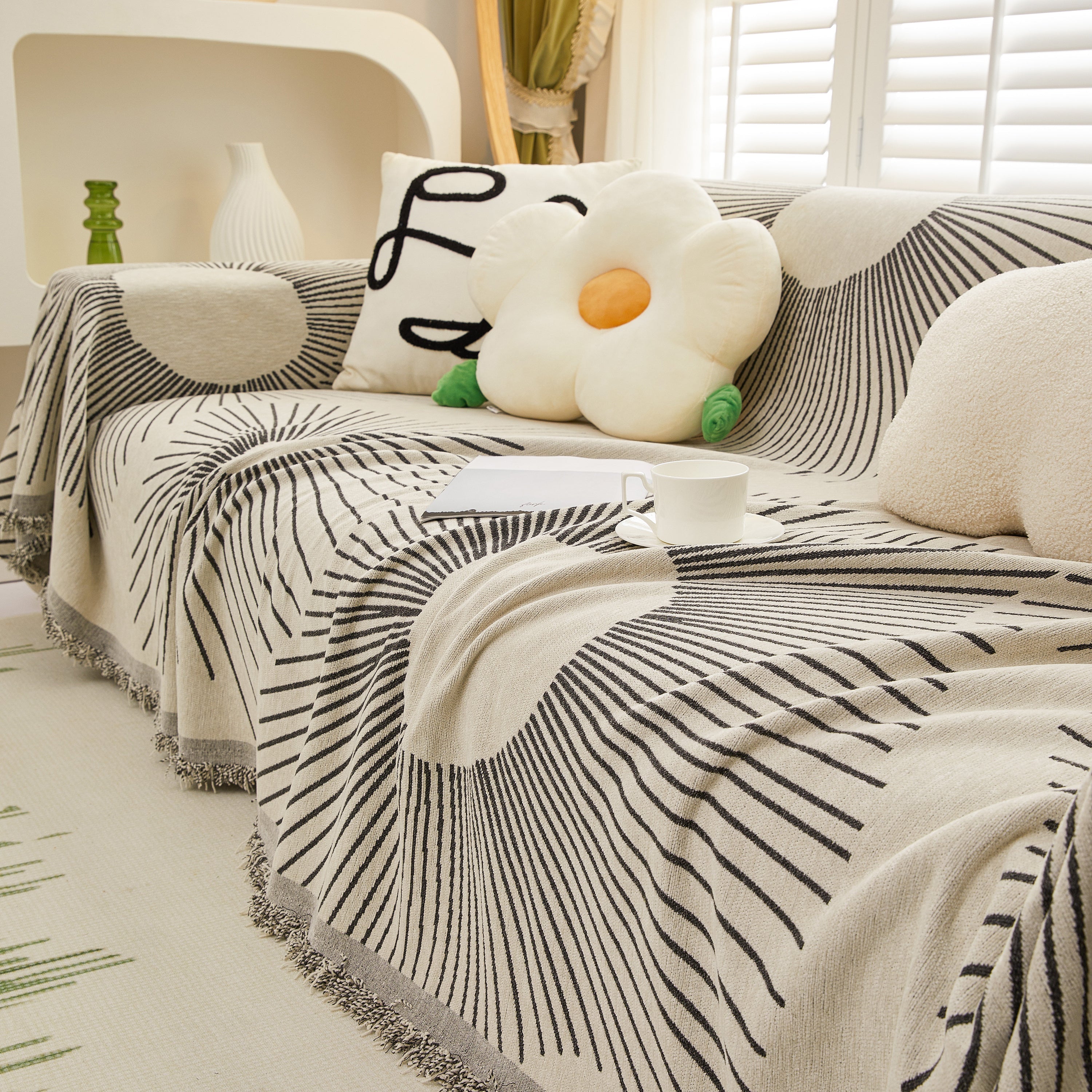 Geometric Radial Striped L-shape Sofa Cover: Thick, Reversible Furniture Blanket For Kids And Pets