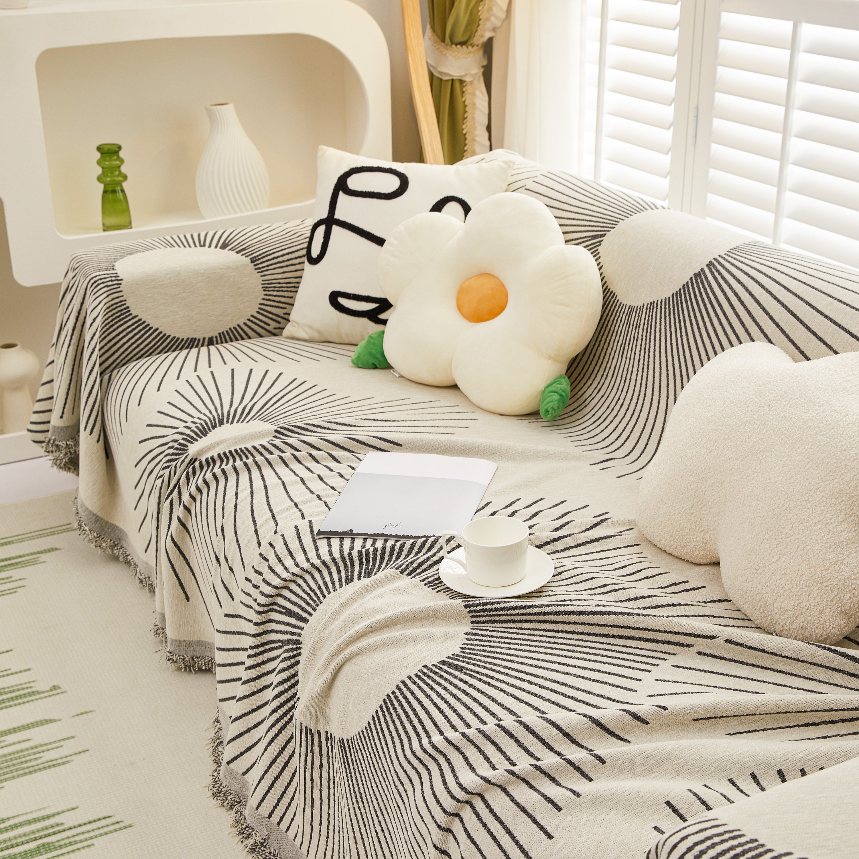 Geometric Radial Striped L-shape Sofa Cover: Thick, Reversible Furniture Blanket For Kids And Pets