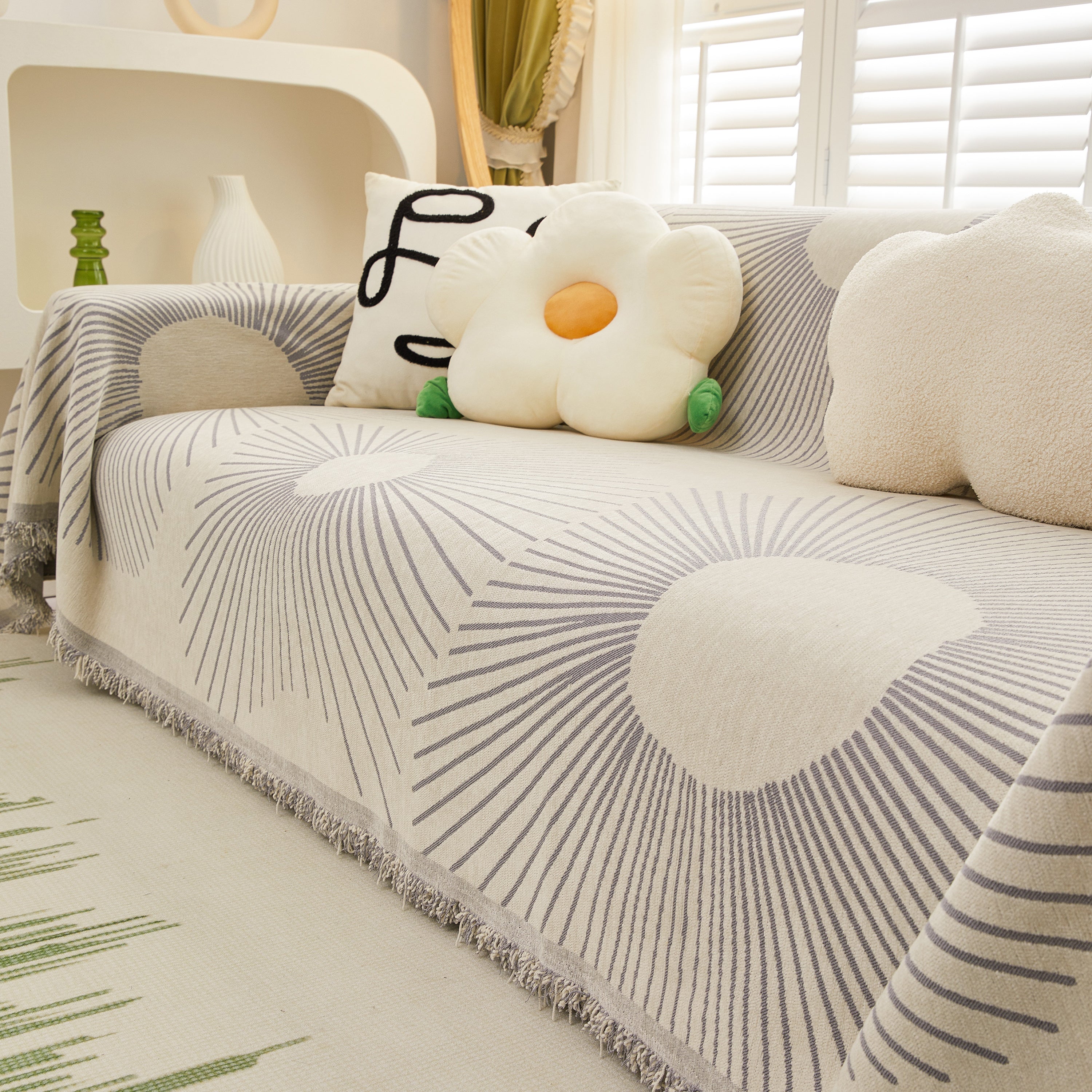 Geometric Radial Striped L-shape Sofa Cover: Thick, Reversible Furniture Blanket For Kids And Pets