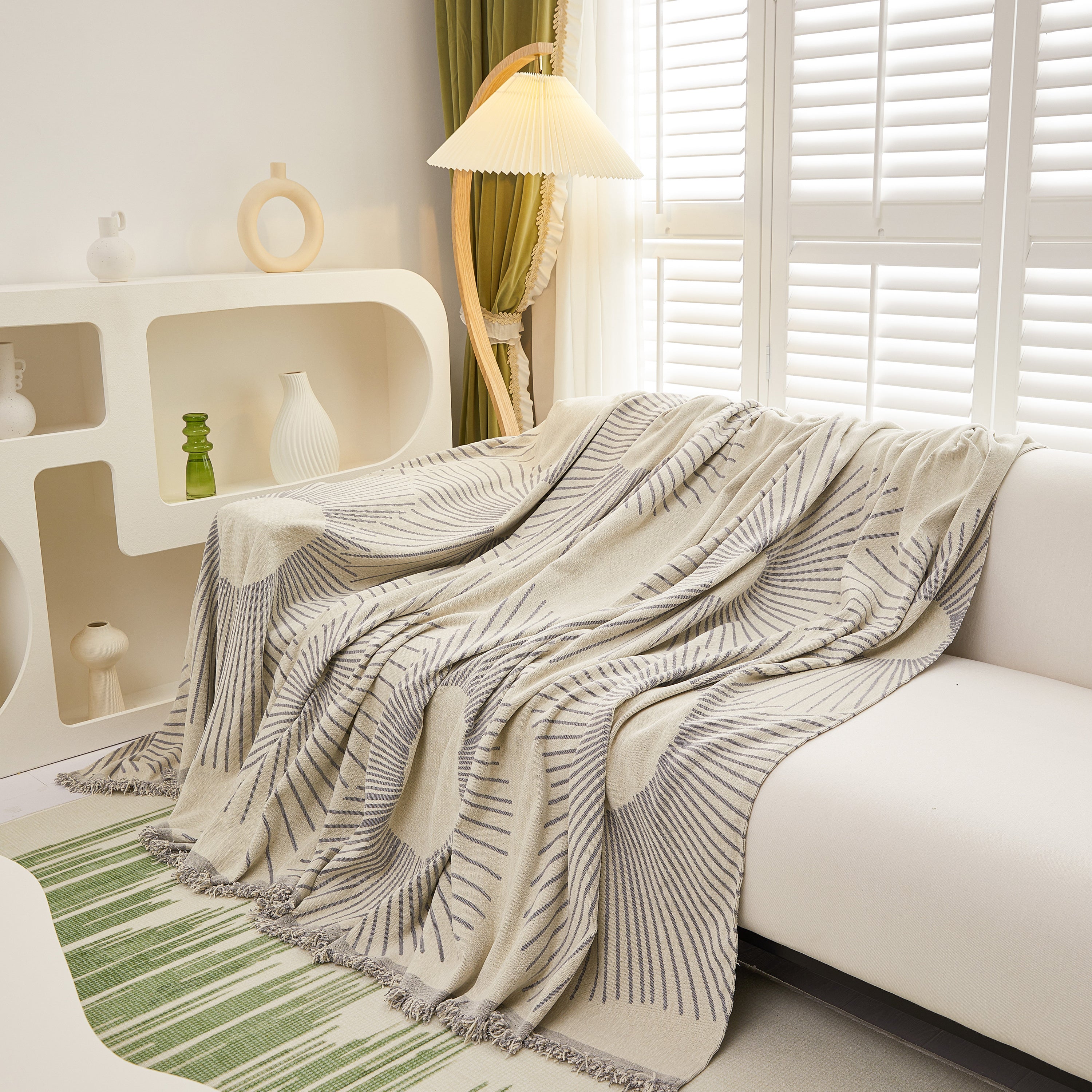 Geometric Radial Striped L-shape Sofa Cover: Thick, Reversible Furniture Blanket For Kids And Pets