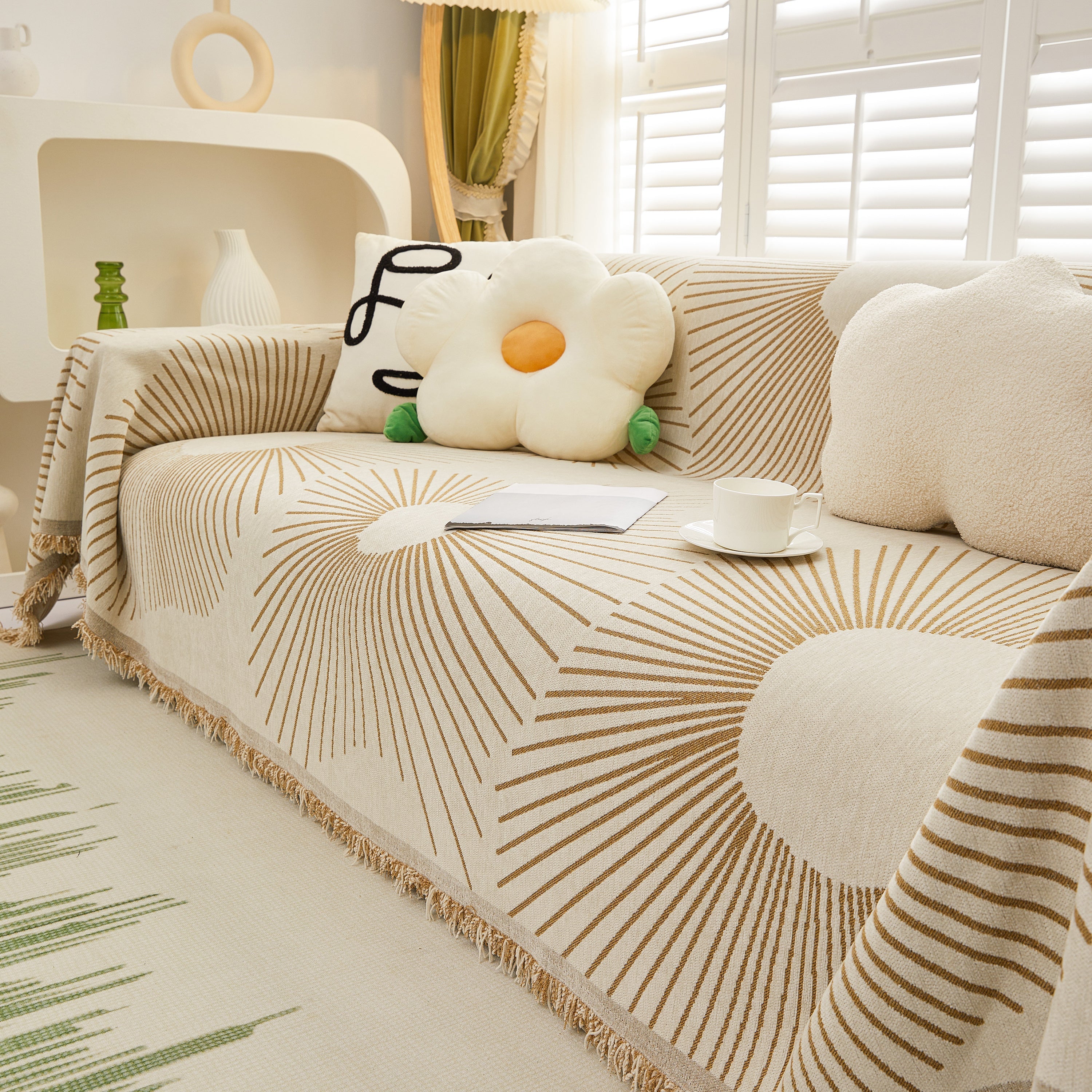 Geometric Radial Striped L-shape Sofa Cover: Thick, Reversible Furniture Blanket For Kids And Pets