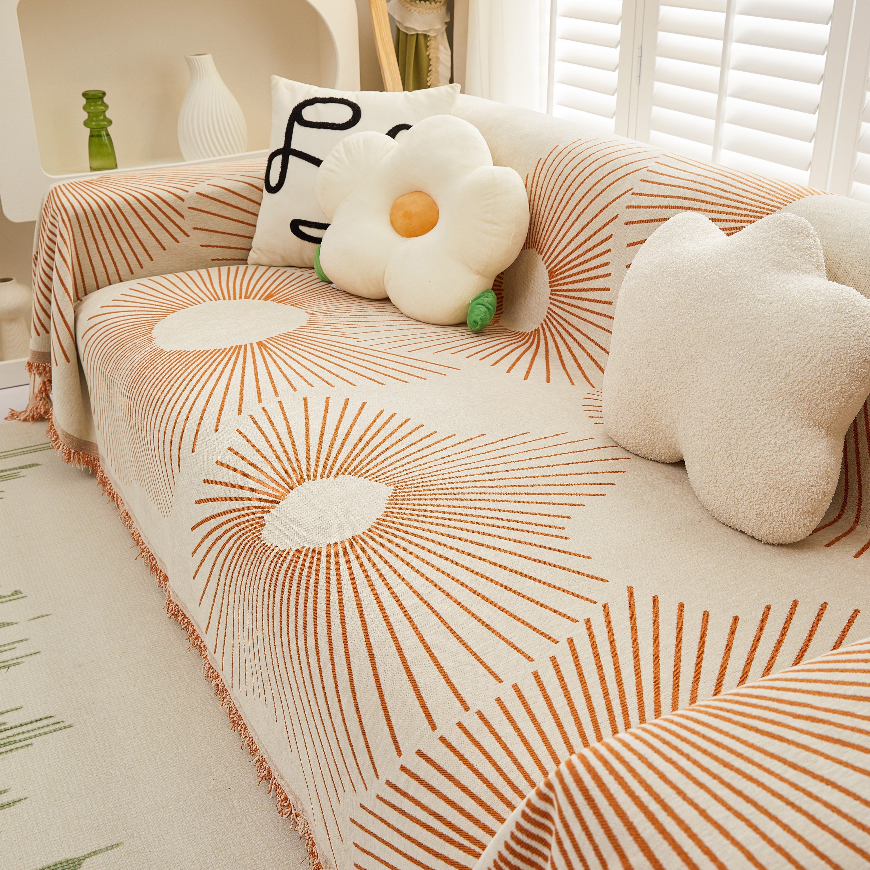 Geometric Radial Striped L-shape Sofa Cover: Thick, Reversible Furniture Blanket For Kids And Pets