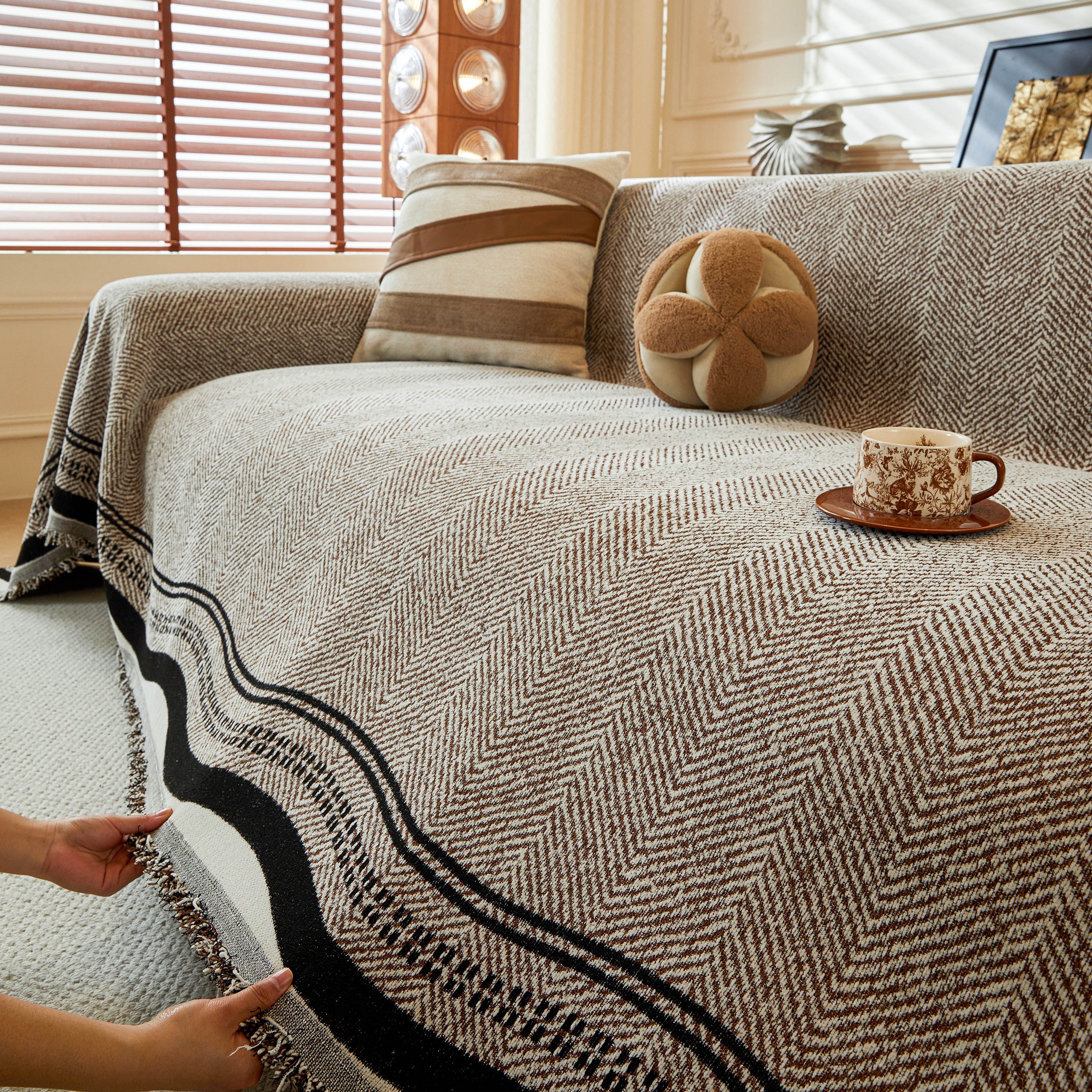 Reversible Herringbone Sofa Cover, 2-in-1 Classic British Throw Blanket For Couch