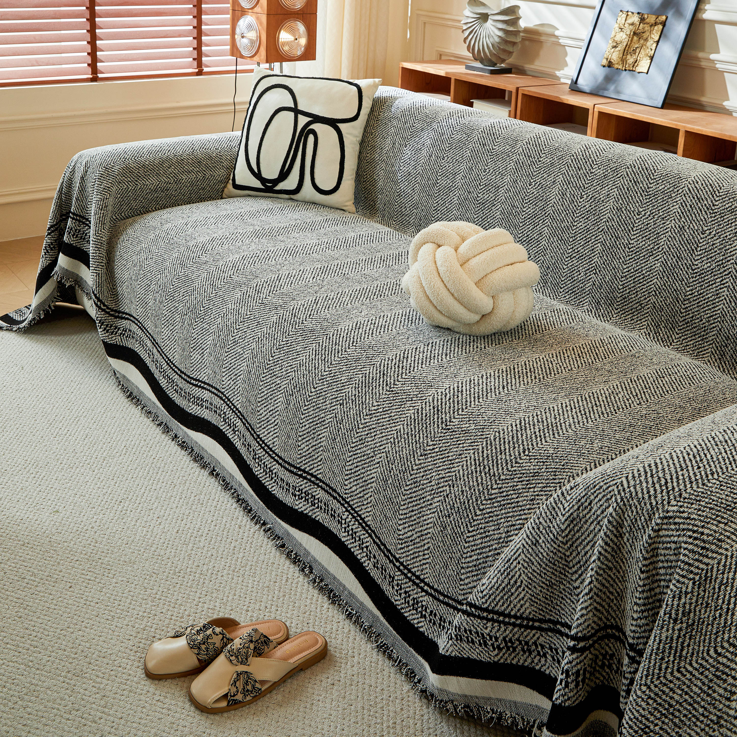 Reversible Herringbone Sofa Cover, 2-in-1 Classic British Throw Blanket For Couch