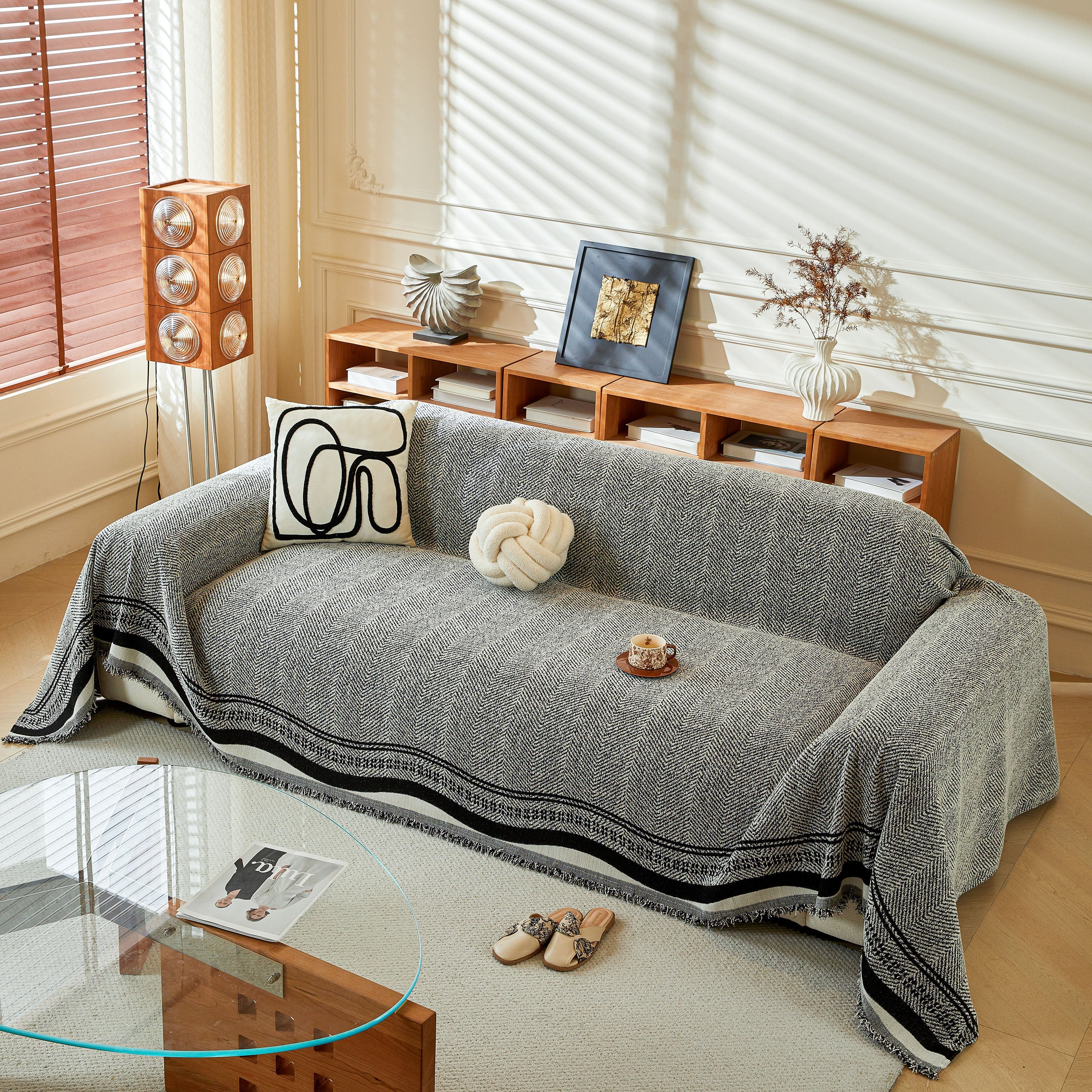 Reversible Herringbone Sofa Cover, 2-in-1 Classic British Throw Blanket For Couch