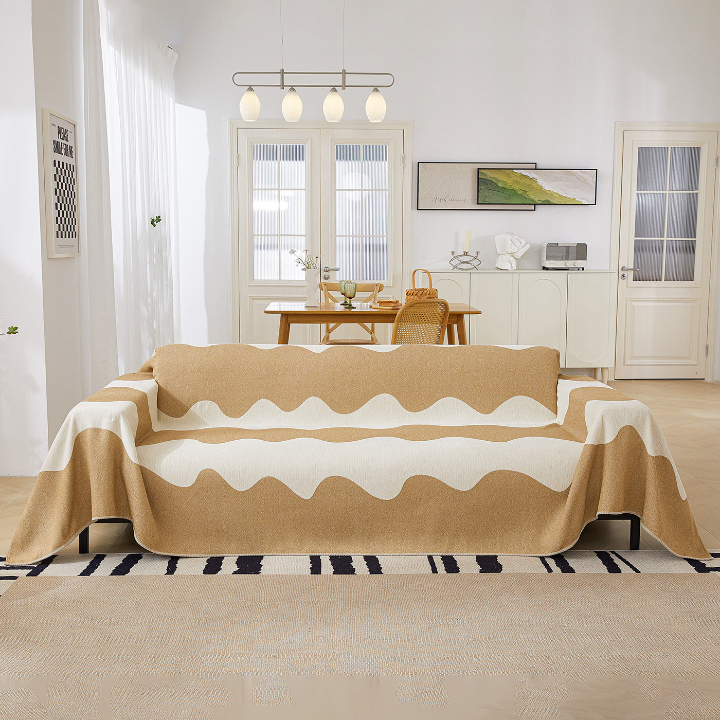 Chenille Minimalist Wavy Sofa Throw Cover, Cozy Blankets For Couch, Machine Washable Couch Protector