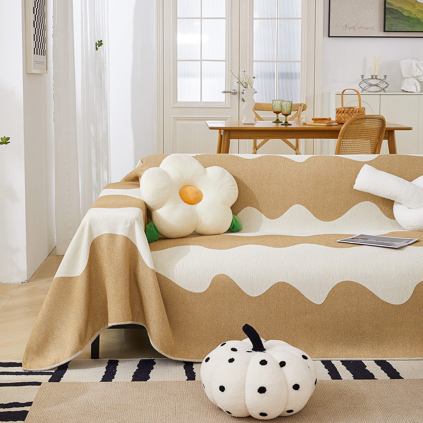 Chenille Minimalist Wavy Sofa Throw Cover, Cozy Blankets For Couch, Machine Washable Couch Protector