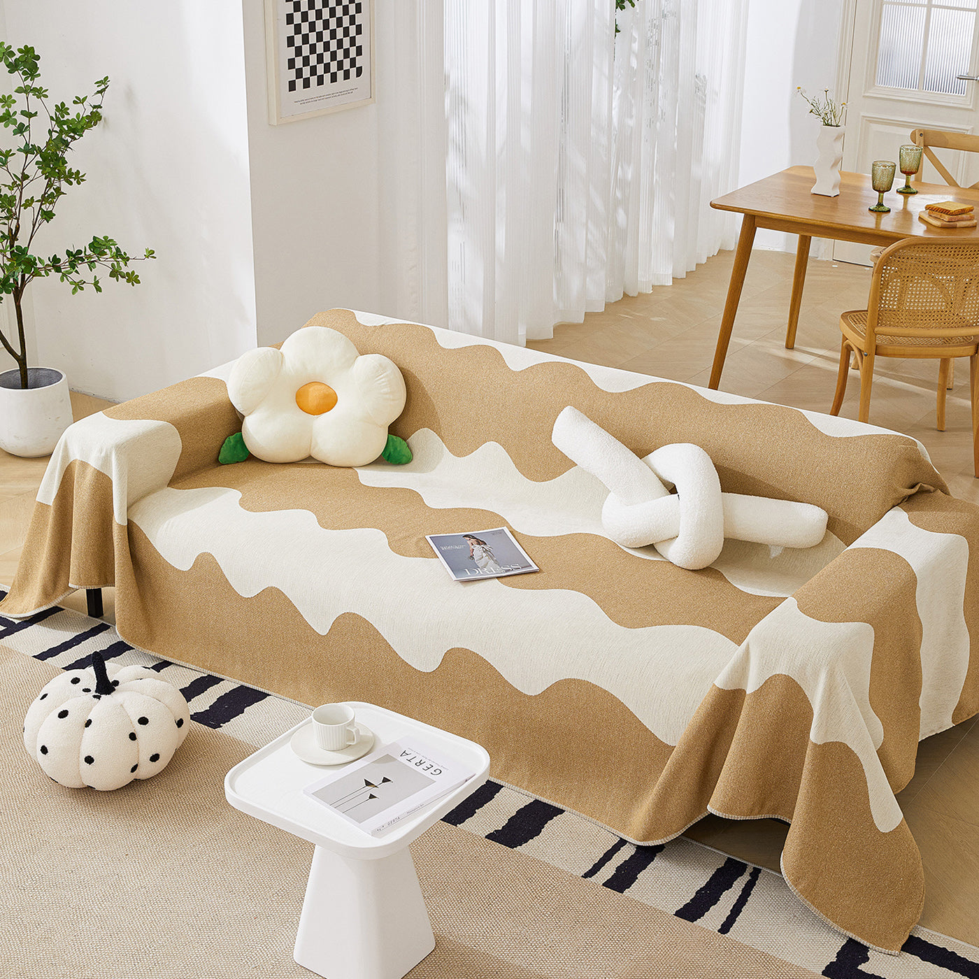 Chenille Minimalist Wavy Sofa Throw Cover, Cozy Blankets For Couch, Machine Washable Couch Protector