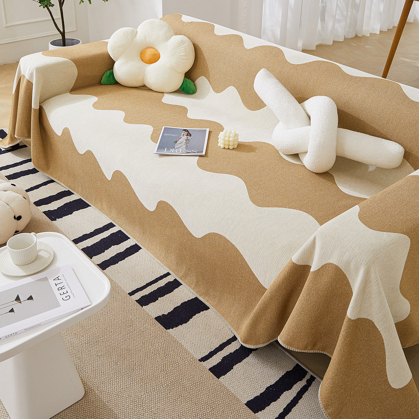 Chenille Minimalist Wavy Sofa Throw Cover, Cozy Blankets For Couch, Machine Washable Couch Protector