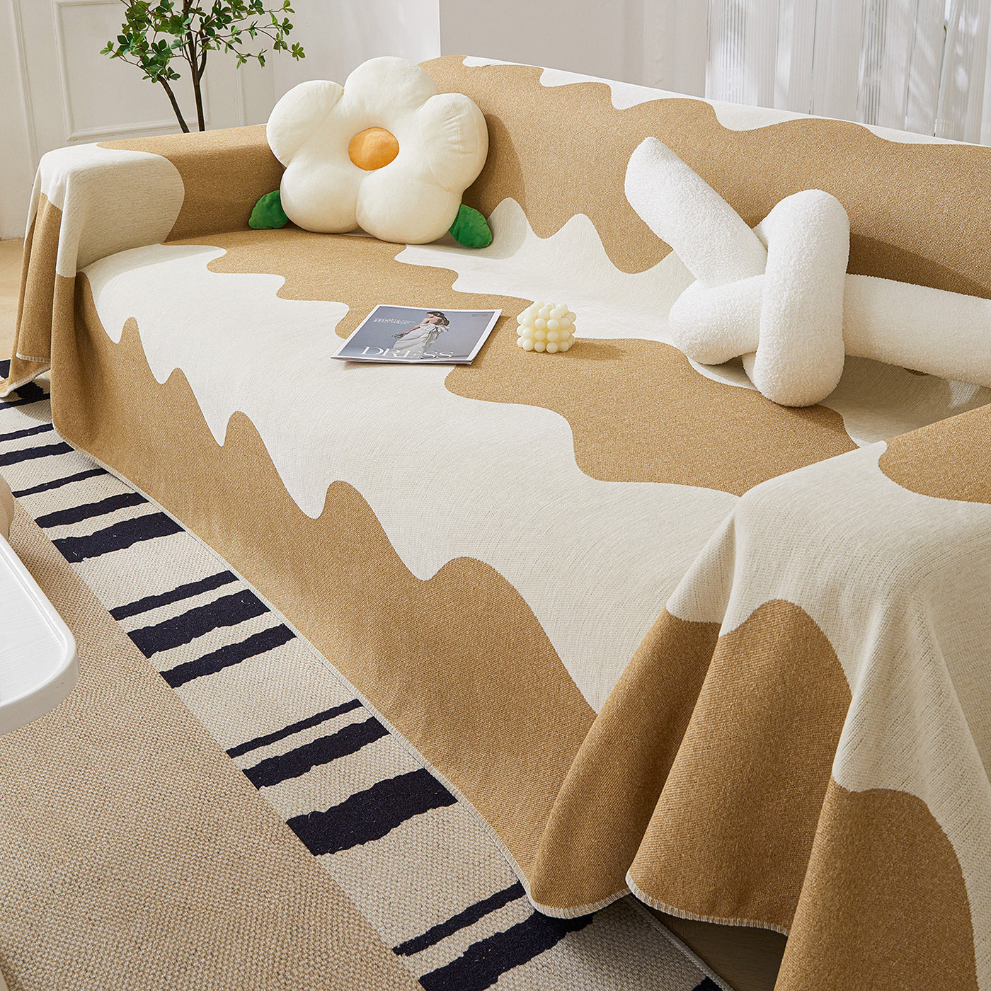 Chenille Minimalist Wavy Sofa Throw Cover, Cozy Blankets For Couch, Machine Washable Couch Protector