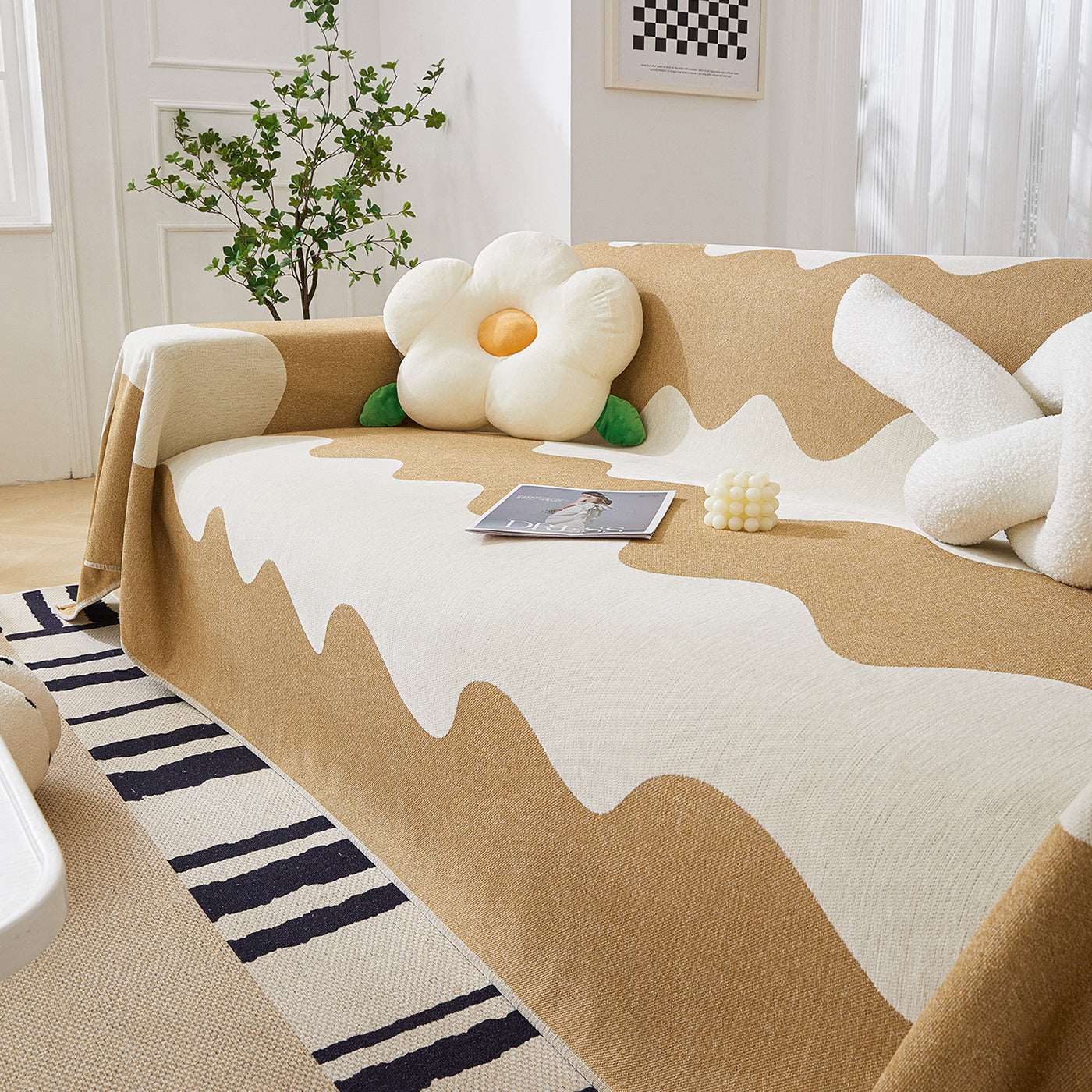 Chenille Minimalist Wavy Sofa Throw Cover, Cozy Blankets For Couch, Machine Washable Couch Protector