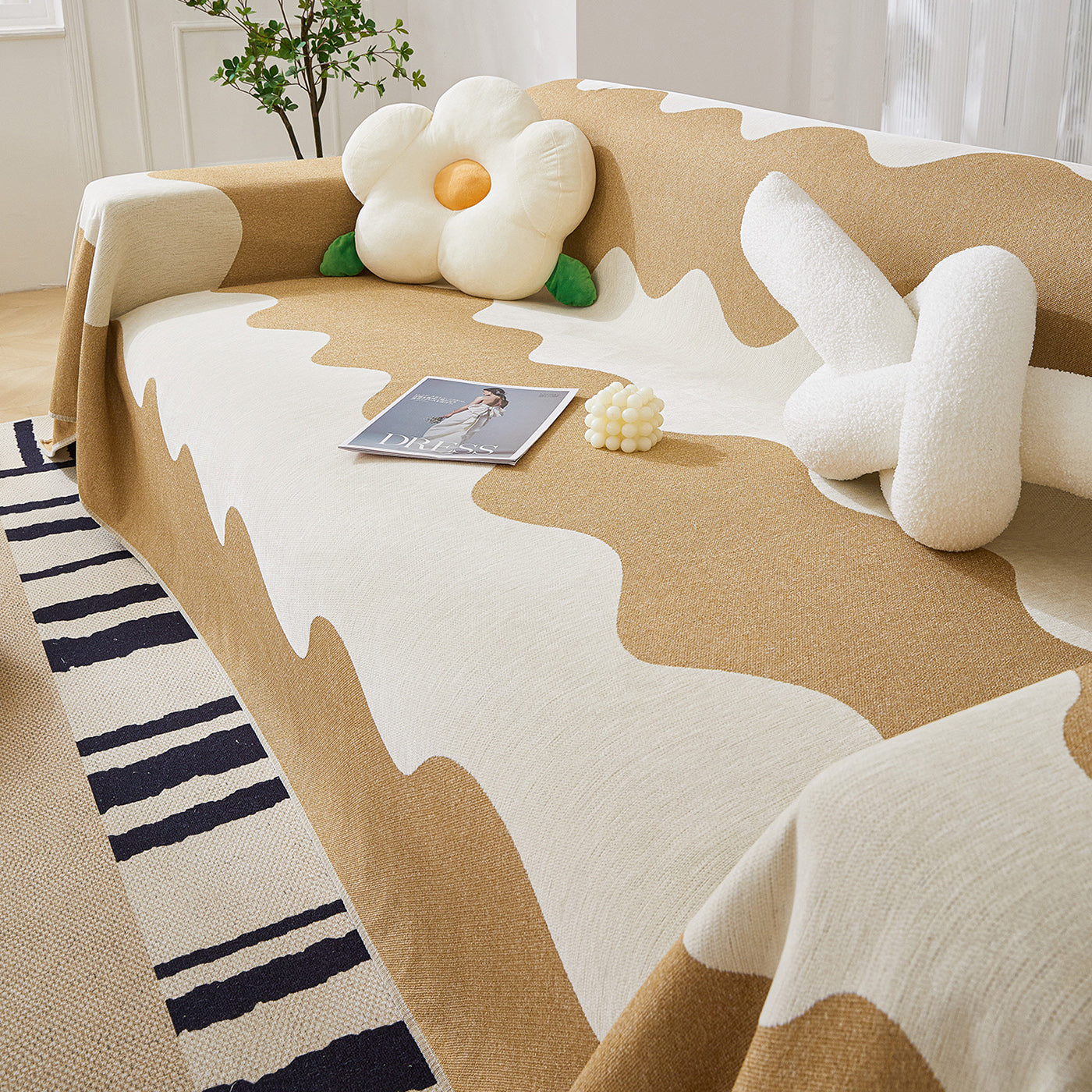 Chenille Minimalist Wavy Sofa Throw Cover, Cozy Blankets For Couch, Machine Washable Couch Protector
