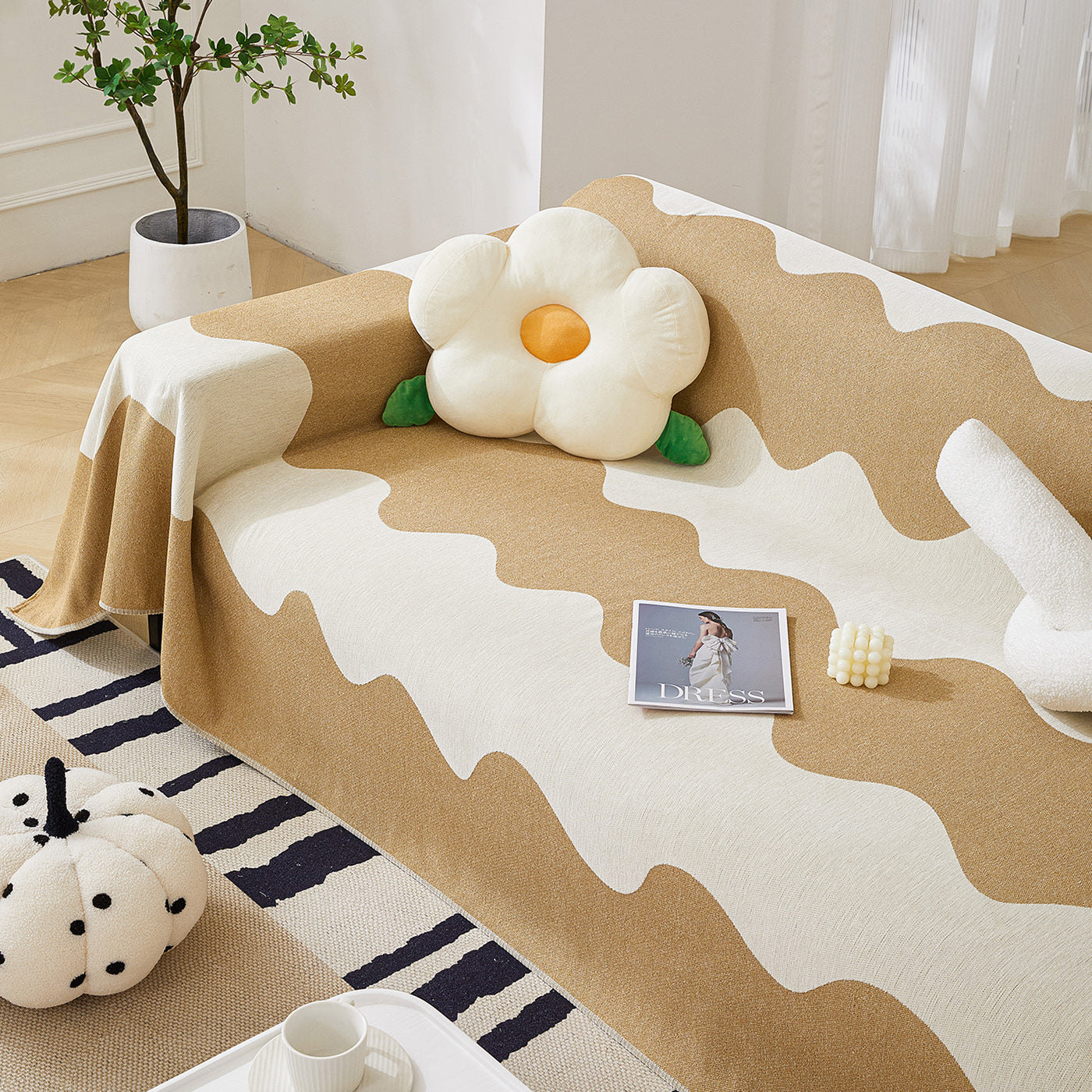 Chenille Minimalist Wavy Sofa Throw Cover, Cozy Blankets For Couch, Machine Washable Couch Protector
