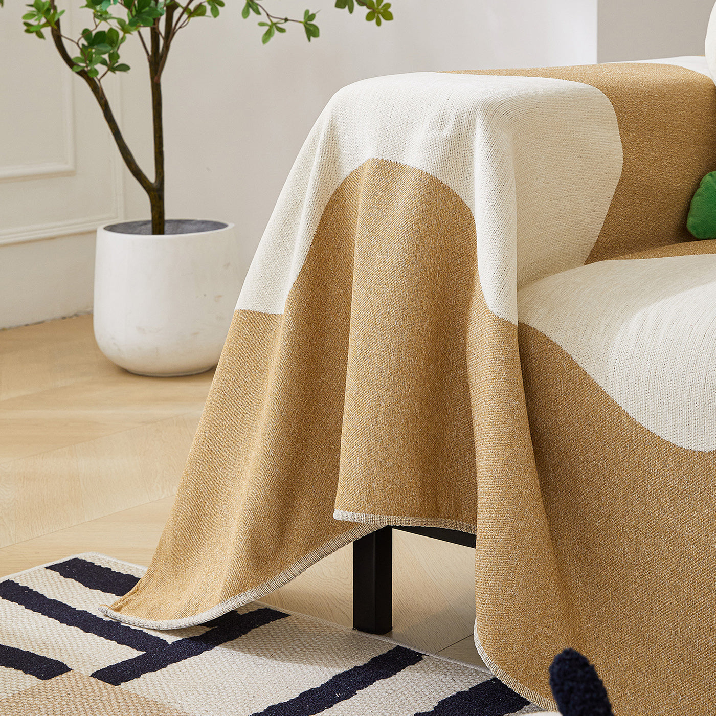 Chenille Minimalist Wavy Sofa Throw Cover, Cozy Blankets For Couch, Machine Washable Couch Protector
