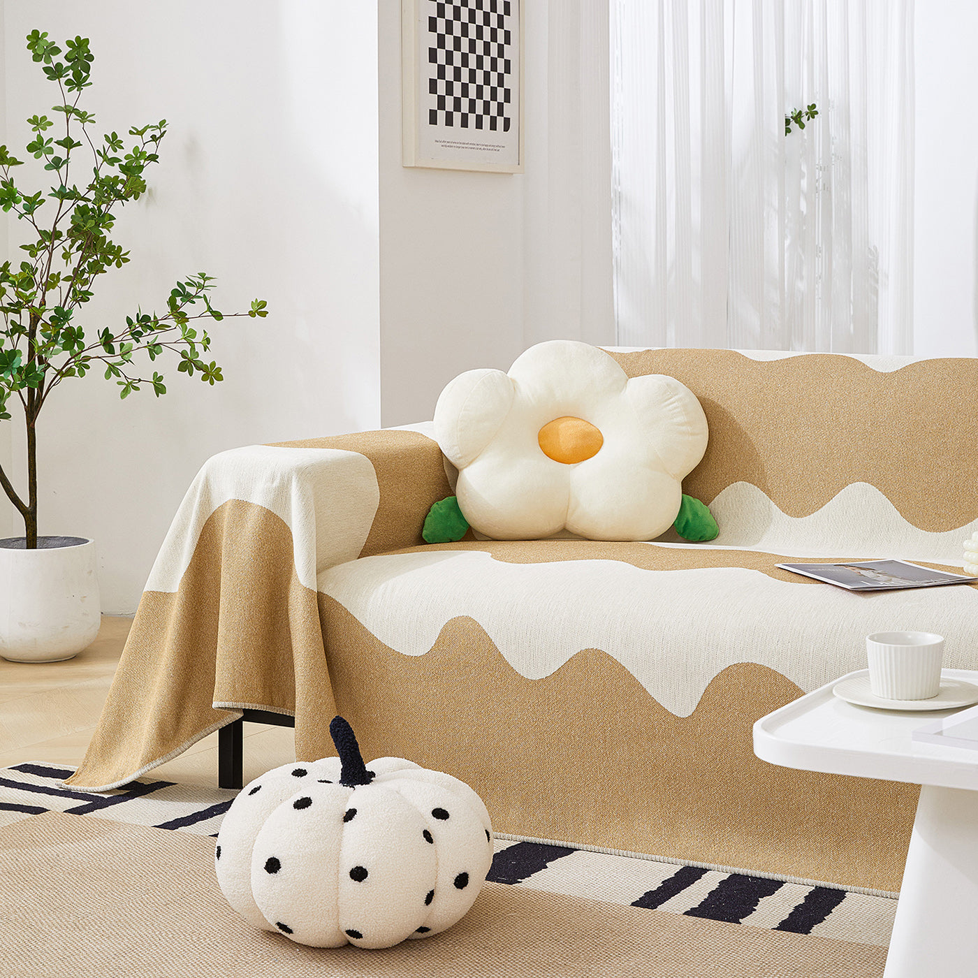 Chenille Minimalist Wavy Sofa Throw Cover, Cozy Blankets For Couch, Machine Washable Couch Protector