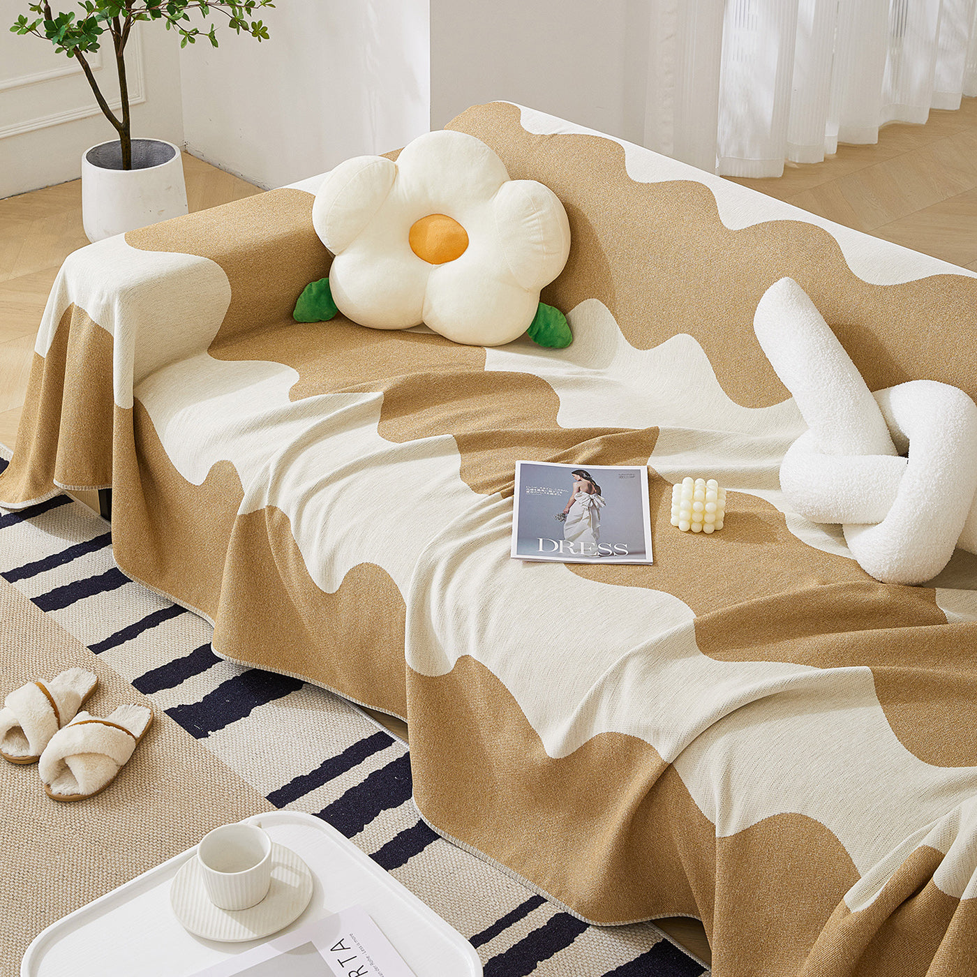 Chenille Minimalist Wavy Sofa Throw Cover, Cozy Blankets For Couch, Machine Washable Couch Protector