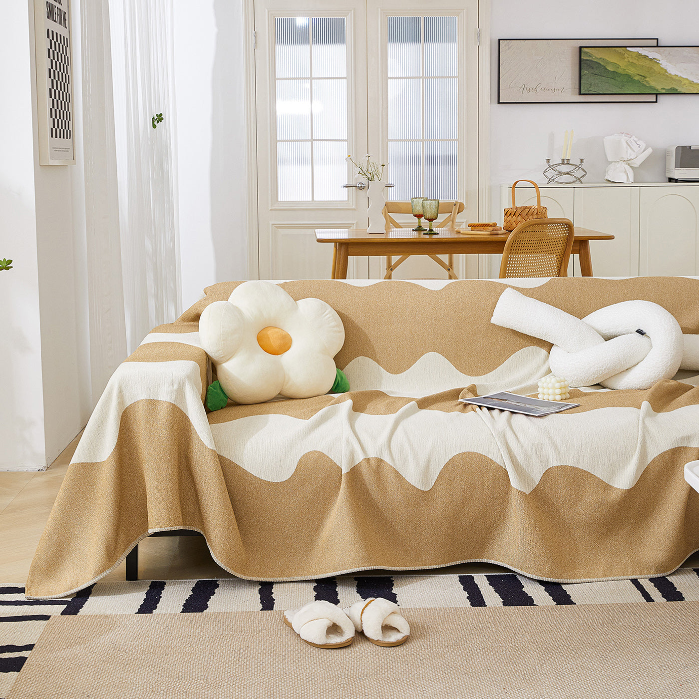 Chenille Minimalist Wavy Sofa Throw Cover, Cozy Blankets For Couch, Machine Washable Couch Protector