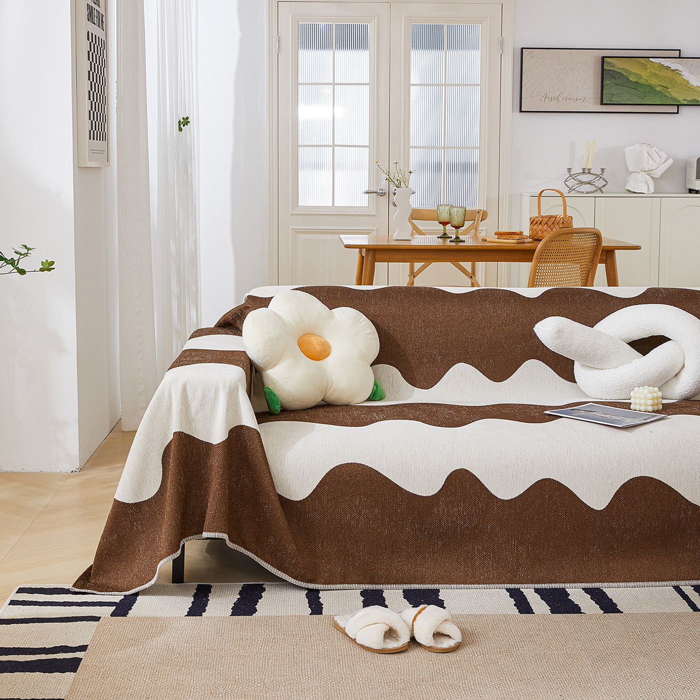 Chenille Minimalist Wavy Sofa Throw Cover, Cozy Blankets For Couch, Machine Washable Couch Protector