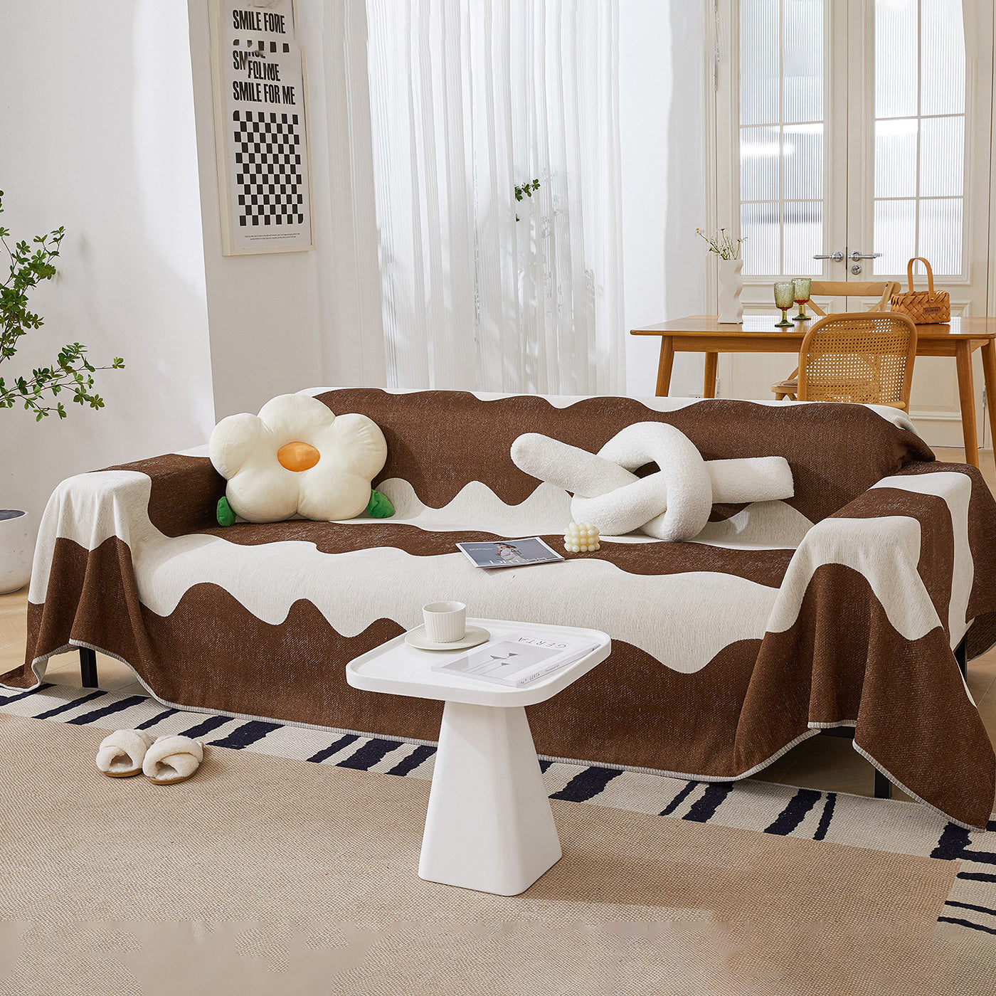 Chenille Minimalist Wavy Sofa Throw Cover, Cozy Blankets For Couch, Machine Washable Couch Protector